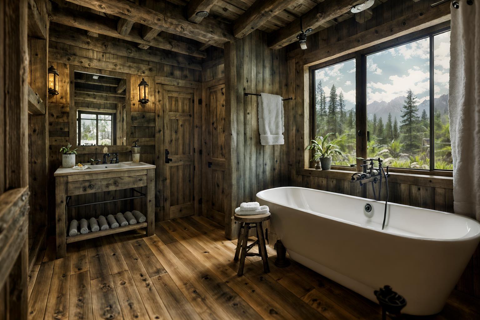 rustic-style (hotel bathroom interior) with toilet seat and bathroom sink with faucet and shower and mirror and bathtub and plant and bath towel and bathroom cabinet. . with . . cinematic photo, highly detailed, cinematic lighting, ultra-detailed, ultrarealistic, photorealism, 8k. rustic interior design style. masterpiece, cinematic light, ultrarealistic+, photorealistic+, 8k, raw photo, realistic, sharp focus on eyes, (symmetrical eyes), (intact eyes), hyperrealistic, highest quality, best quality, , highly detailed, masterpiece, best quality, extremely detailed 8k wallpaper, masterpiece, best quality, ultra-detailed, best shadow, detailed background, detailed face, detailed eyes, high contrast, best illumination, detailed face, dulux, caustic, dynamic angle, detailed glow. dramatic lighting. highly detailed, insanely detailed hair, symmetrical, intricate details, professionally retouched, 8k high definition. strong bokeh. award winning photo.