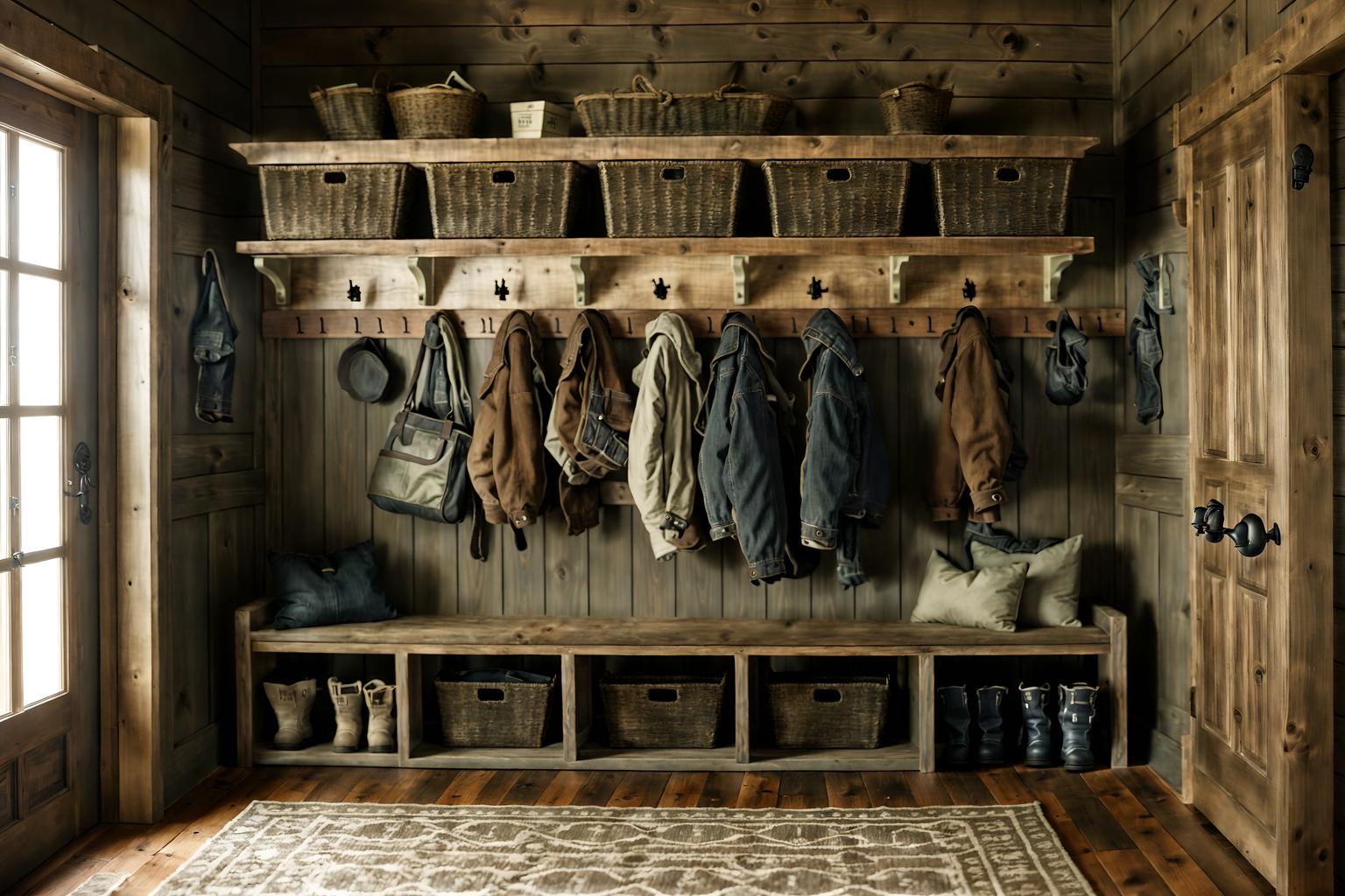 rustic-style (mudroom interior) with a bench and shelves for shoes and storage baskets and wall hooks for coats and cubbies and storage drawers and cabinets and high up storage. . with . . cinematic photo, highly detailed, cinematic lighting, ultra-detailed, ultrarealistic, photorealism, 8k. rustic interior design style. masterpiece, cinematic light, ultrarealistic+, photorealistic+, 8k, raw photo, realistic, sharp focus on eyes, (symmetrical eyes), (intact eyes), hyperrealistic, highest quality, best quality, , highly detailed, masterpiece, best quality, extremely detailed 8k wallpaper, masterpiece, best quality, ultra-detailed, best shadow, detailed background, detailed face, detailed eyes, high contrast, best illumination, detailed face, dulux, caustic, dynamic angle, detailed glow. dramatic lighting. highly detailed, insanely detailed hair, symmetrical, intricate details, professionally retouched, 8k high definition. strong bokeh. award winning photo.