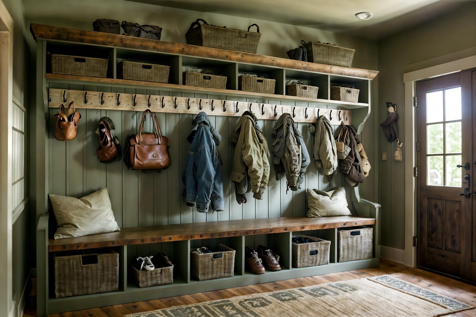 rustic-style (mudroom interior) with a bench and shelves for shoes and storage baskets and wall hooks for coats and cubbies and storage drawers and cabinets and high up storage. . with . . cinematic photo, highly detailed, cinematic lighting, ultra-detailed, ultrarealistic, photorealism, 8k. rustic interior design style. masterpiece, cinematic light, ultrarealistic+, photorealistic+, 8k, raw photo, realistic, sharp focus on eyes, (symmetrical eyes), (intact eyes), hyperrealistic, highest quality, best quality, , highly detailed, masterpiece, best quality, extremely detailed 8k wallpaper, masterpiece, best quality, ultra-detailed, best shadow, detailed background, detailed face, detailed eyes, high contrast, best illumination, detailed face, dulux, caustic, dynamic angle, detailed glow. dramatic lighting. highly detailed, insanely detailed hair, symmetrical, intricate details, professionally retouched, 8k high definition. strong bokeh. award winning photo.