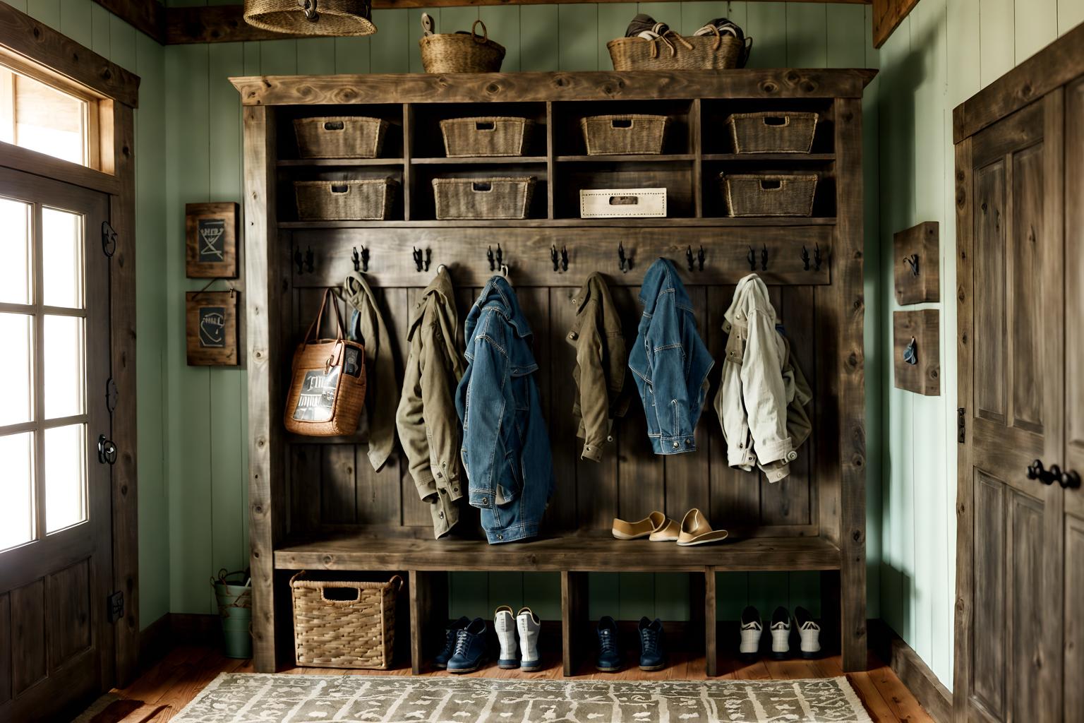 rustic-style (mudroom interior) with a bench and shelves for shoes and storage baskets and wall hooks for coats and cubbies and storage drawers and cabinets and high up storage. . with . . cinematic photo, highly detailed, cinematic lighting, ultra-detailed, ultrarealistic, photorealism, 8k. rustic interior design style. masterpiece, cinematic light, ultrarealistic+, photorealistic+, 8k, raw photo, realistic, sharp focus on eyes, (symmetrical eyes), (intact eyes), hyperrealistic, highest quality, best quality, , highly detailed, masterpiece, best quality, extremely detailed 8k wallpaper, masterpiece, best quality, ultra-detailed, best shadow, detailed background, detailed face, detailed eyes, high contrast, best illumination, detailed face, dulux, caustic, dynamic angle, detailed glow. dramatic lighting. highly detailed, insanely detailed hair, symmetrical, intricate details, professionally retouched, 8k high definition. strong bokeh. award winning photo.