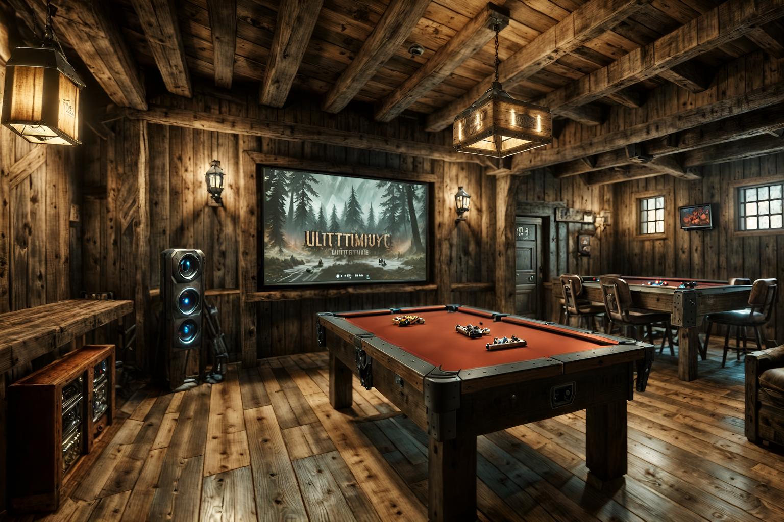 rustic-style (gaming room interior) . with . . cinematic photo, highly detailed, cinematic lighting, ultra-detailed, ultrarealistic, photorealism, 8k. rustic interior design style. masterpiece, cinematic light, ultrarealistic+, photorealistic+, 8k, raw photo, realistic, sharp focus on eyes, (symmetrical eyes), (intact eyes), hyperrealistic, highest quality, best quality, , highly detailed, masterpiece, best quality, extremely detailed 8k wallpaper, masterpiece, best quality, ultra-detailed, best shadow, detailed background, detailed face, detailed eyes, high contrast, best illumination, detailed face, dulux, caustic, dynamic angle, detailed glow. dramatic lighting. highly detailed, insanely detailed hair, symmetrical, intricate details, professionally retouched, 8k high definition. strong bokeh. award winning photo.