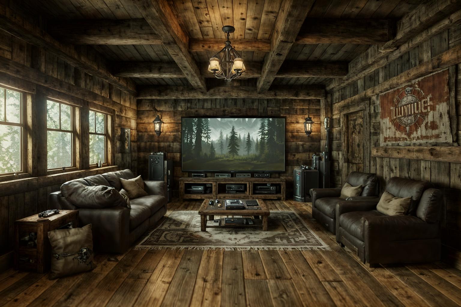 rustic-style (gaming room interior) . with . . cinematic photo, highly detailed, cinematic lighting, ultra-detailed, ultrarealistic, photorealism, 8k. rustic interior design style. masterpiece, cinematic light, ultrarealistic+, photorealistic+, 8k, raw photo, realistic, sharp focus on eyes, (symmetrical eyes), (intact eyes), hyperrealistic, highest quality, best quality, , highly detailed, masterpiece, best quality, extremely detailed 8k wallpaper, masterpiece, best quality, ultra-detailed, best shadow, detailed background, detailed face, detailed eyes, high contrast, best illumination, detailed face, dulux, caustic, dynamic angle, detailed glow. dramatic lighting. highly detailed, insanely detailed hair, symmetrical, intricate details, professionally retouched, 8k high definition. strong bokeh. award winning photo.