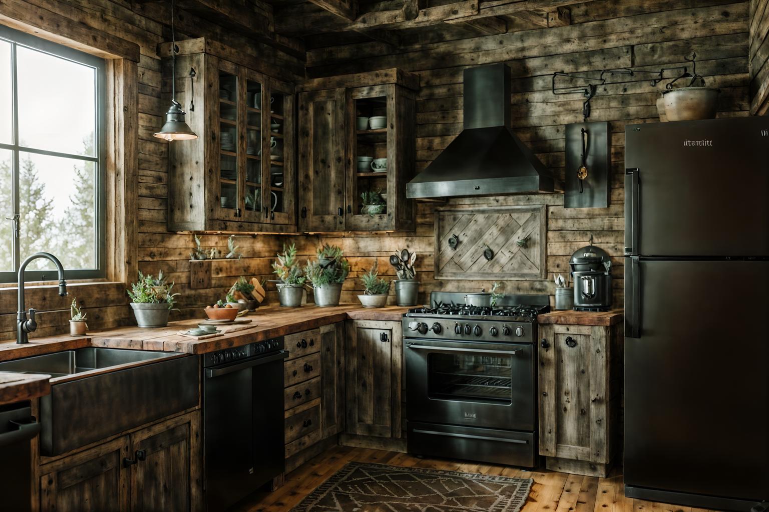 rustic-style (kitchen interior) with plant and worktops and stove and refrigerator and sink and kitchen cabinets and plant. . with . . cinematic photo, highly detailed, cinematic lighting, ultra-detailed, ultrarealistic, photorealism, 8k. rustic interior design style. masterpiece, cinematic light, ultrarealistic+, photorealistic+, 8k, raw photo, realistic, sharp focus on eyes, (symmetrical eyes), (intact eyes), hyperrealistic, highest quality, best quality, , highly detailed, masterpiece, best quality, extremely detailed 8k wallpaper, masterpiece, best quality, ultra-detailed, best shadow, detailed background, detailed face, detailed eyes, high contrast, best illumination, detailed face, dulux, caustic, dynamic angle, detailed glow. dramatic lighting. highly detailed, insanely detailed hair, symmetrical, intricate details, professionally retouched, 8k high definition. strong bokeh. award winning photo.