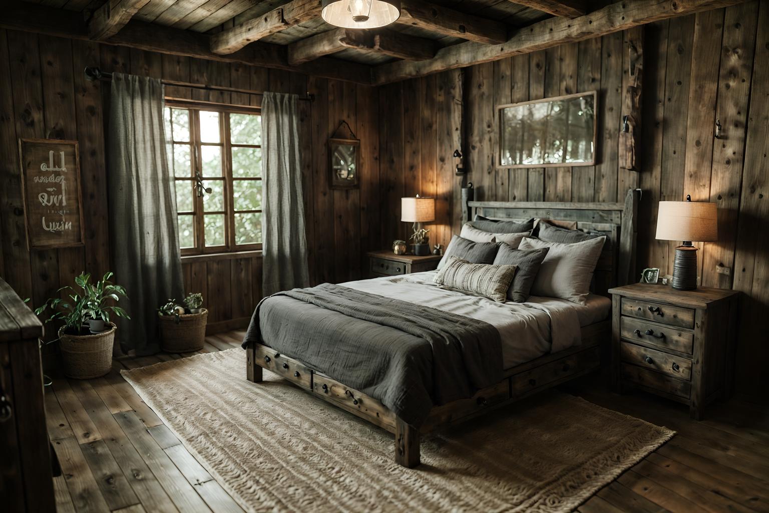 rustic-style (bedroom interior) with mirror and night light and bedside table or night stand and storage bench or ottoman and dresser closet and plant and accent chair and bed. . with . . cinematic photo, highly detailed, cinematic lighting, ultra-detailed, ultrarealistic, photorealism, 8k. rustic interior design style. masterpiece, cinematic light, ultrarealistic+, photorealistic+, 8k, raw photo, realistic, sharp focus on eyes, (symmetrical eyes), (intact eyes), hyperrealistic, highest quality, best quality, , highly detailed, masterpiece, best quality, extremely detailed 8k wallpaper, masterpiece, best quality, ultra-detailed, best shadow, detailed background, detailed face, detailed eyes, high contrast, best illumination, detailed face, dulux, caustic, dynamic angle, detailed glow. dramatic lighting. highly detailed, insanely detailed hair, symmetrical, intricate details, professionally retouched, 8k high definition. strong bokeh. award winning photo.