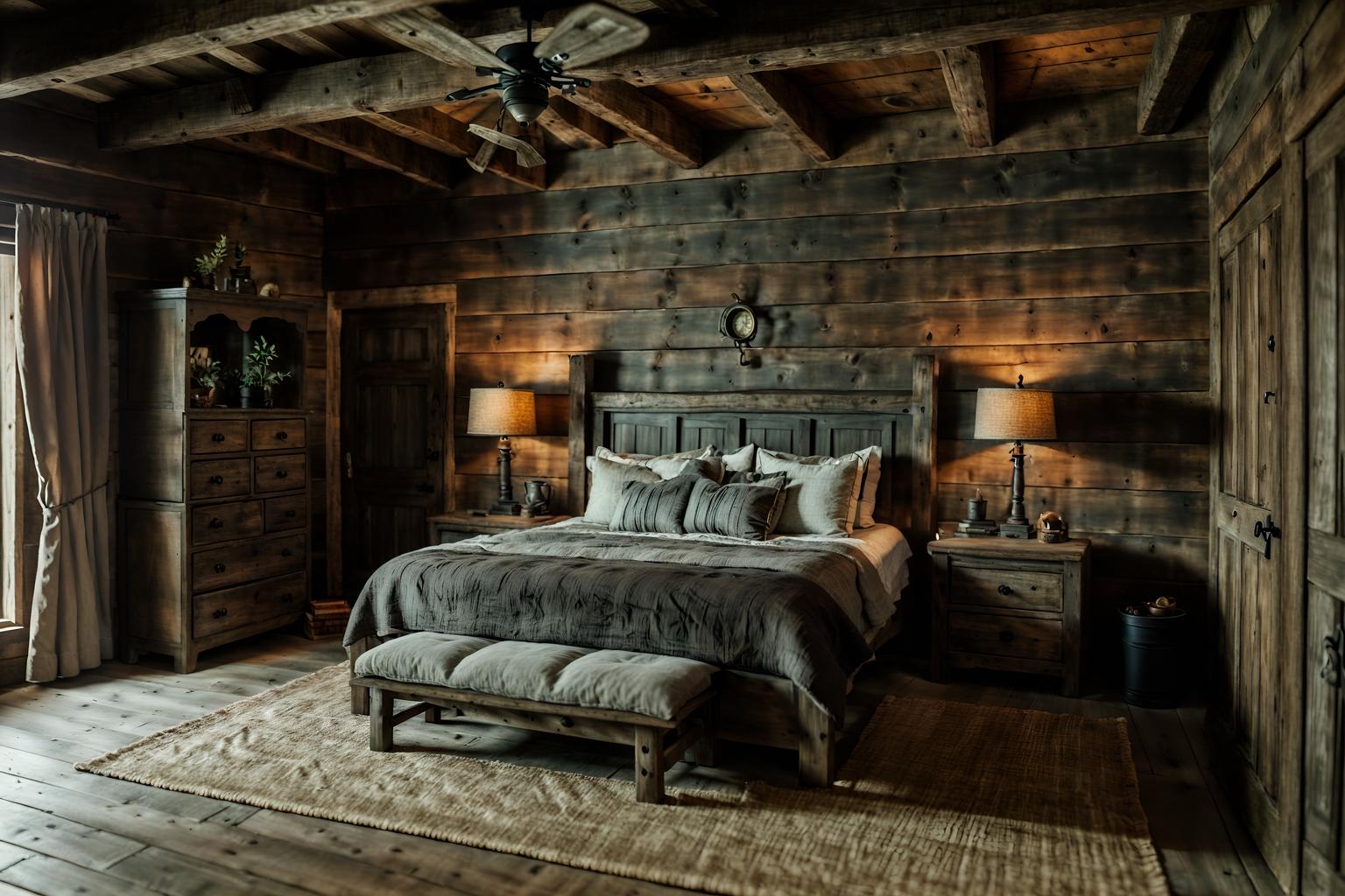 rustic-style (bedroom interior) with mirror and night light and bedside table or night stand and storage bench or ottoman and dresser closet and plant and accent chair and bed. . with . . cinematic photo, highly detailed, cinematic lighting, ultra-detailed, ultrarealistic, photorealism, 8k. rustic interior design style. masterpiece, cinematic light, ultrarealistic+, photorealistic+, 8k, raw photo, realistic, sharp focus on eyes, (symmetrical eyes), (intact eyes), hyperrealistic, highest quality, best quality, , highly detailed, masterpiece, best quality, extremely detailed 8k wallpaper, masterpiece, best quality, ultra-detailed, best shadow, detailed background, detailed face, detailed eyes, high contrast, best illumination, detailed face, dulux, caustic, dynamic angle, detailed glow. dramatic lighting. highly detailed, insanely detailed hair, symmetrical, intricate details, professionally retouched, 8k high definition. strong bokeh. award winning photo.