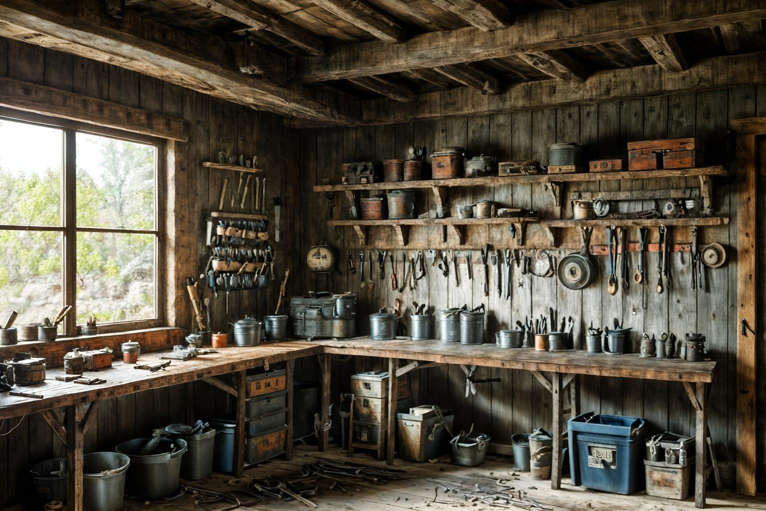 rustic-style (workshop interior) with tool wall and messy and wooden workbench and tool wall. . with . . cinematic photo, highly detailed, cinematic lighting, ultra-detailed, ultrarealistic, photorealism, 8k. rustic interior design style. masterpiece, cinematic light, ultrarealistic+, photorealistic+, 8k, raw photo, realistic, sharp focus on eyes, (symmetrical eyes), (intact eyes), hyperrealistic, highest quality, best quality, , highly detailed, masterpiece, best quality, extremely detailed 8k wallpaper, masterpiece, best quality, ultra-detailed, best shadow, detailed background, detailed face, detailed eyes, high contrast, best illumination, detailed face, dulux, caustic, dynamic angle, detailed glow. dramatic lighting. highly detailed, insanely detailed hair, symmetrical, intricate details, professionally retouched, 8k high definition. strong bokeh. award winning photo.
