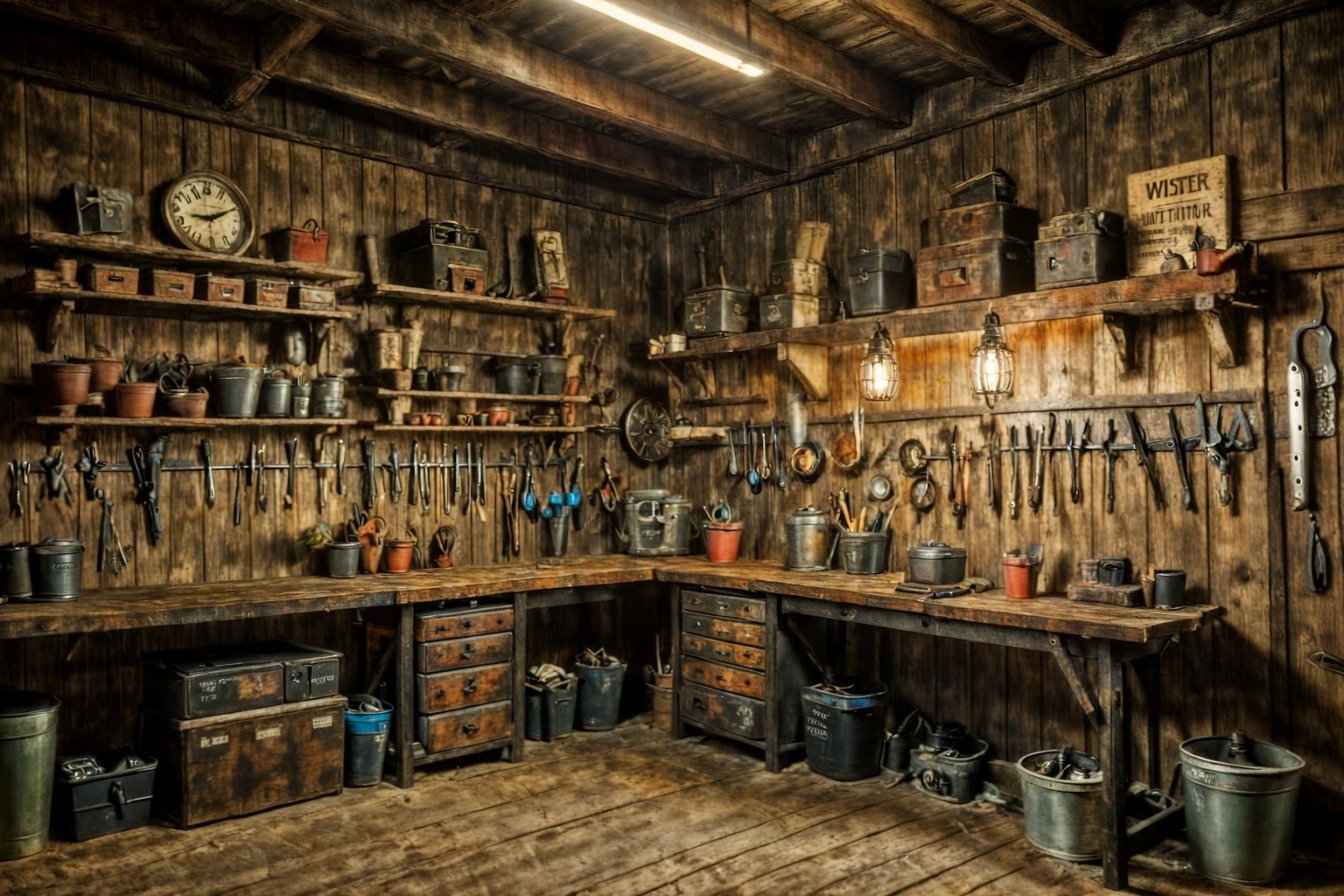 rustic-style (workshop interior) with tool wall and messy and wooden workbench and tool wall. . with . . cinematic photo, highly detailed, cinematic lighting, ultra-detailed, ultrarealistic, photorealism, 8k. rustic interior design style. masterpiece, cinematic light, ultrarealistic+, photorealistic+, 8k, raw photo, realistic, sharp focus on eyes, (symmetrical eyes), (intact eyes), hyperrealistic, highest quality, best quality, , highly detailed, masterpiece, best quality, extremely detailed 8k wallpaper, masterpiece, best quality, ultra-detailed, best shadow, detailed background, detailed face, detailed eyes, high contrast, best illumination, detailed face, dulux, caustic, dynamic angle, detailed glow. dramatic lighting. highly detailed, insanely detailed hair, symmetrical, intricate details, professionally retouched, 8k high definition. strong bokeh. award winning photo.