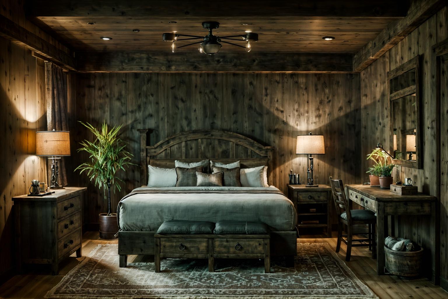 rustic-style (hotel room interior) with bedside table or night stand and mirror and plant and headboard and accent chair and night light and hotel bathroom and working desk with desk chair. . with . . cinematic photo, highly detailed, cinematic lighting, ultra-detailed, ultrarealistic, photorealism, 8k. rustic interior design style. masterpiece, cinematic light, ultrarealistic+, photorealistic+, 8k, raw photo, realistic, sharp focus on eyes, (symmetrical eyes), (intact eyes), hyperrealistic, highest quality, best quality, , highly detailed, masterpiece, best quality, extremely detailed 8k wallpaper, masterpiece, best quality, ultra-detailed, best shadow, detailed background, detailed face, detailed eyes, high contrast, best illumination, detailed face, dulux, caustic, dynamic angle, detailed glow. dramatic lighting. highly detailed, insanely detailed hair, symmetrical, intricate details, professionally retouched, 8k high definition. strong bokeh. award winning photo.