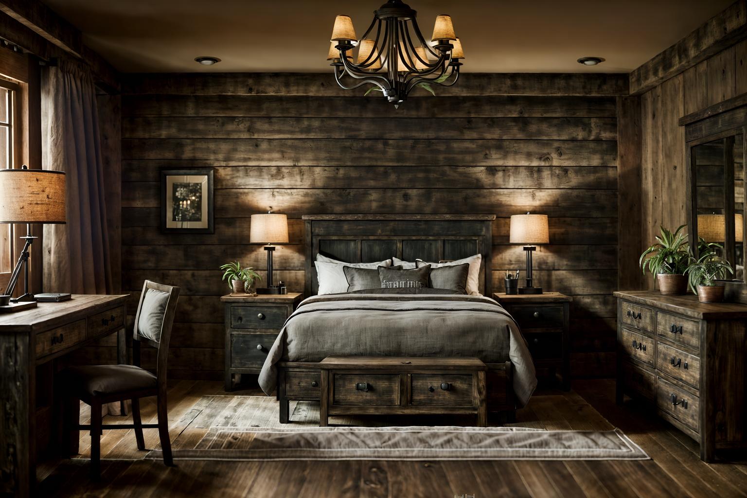 rustic-style (hotel room interior) with bedside table or night stand and mirror and plant and headboard and accent chair and night light and hotel bathroom and working desk with desk chair. . with . . cinematic photo, highly detailed, cinematic lighting, ultra-detailed, ultrarealistic, photorealism, 8k. rustic interior design style. masterpiece, cinematic light, ultrarealistic+, photorealistic+, 8k, raw photo, realistic, sharp focus on eyes, (symmetrical eyes), (intact eyes), hyperrealistic, highest quality, best quality, , highly detailed, masterpiece, best quality, extremely detailed 8k wallpaper, masterpiece, best quality, ultra-detailed, best shadow, detailed background, detailed face, detailed eyes, high contrast, best illumination, detailed face, dulux, caustic, dynamic angle, detailed glow. dramatic lighting. highly detailed, insanely detailed hair, symmetrical, intricate details, professionally retouched, 8k high definition. strong bokeh. award winning photo.