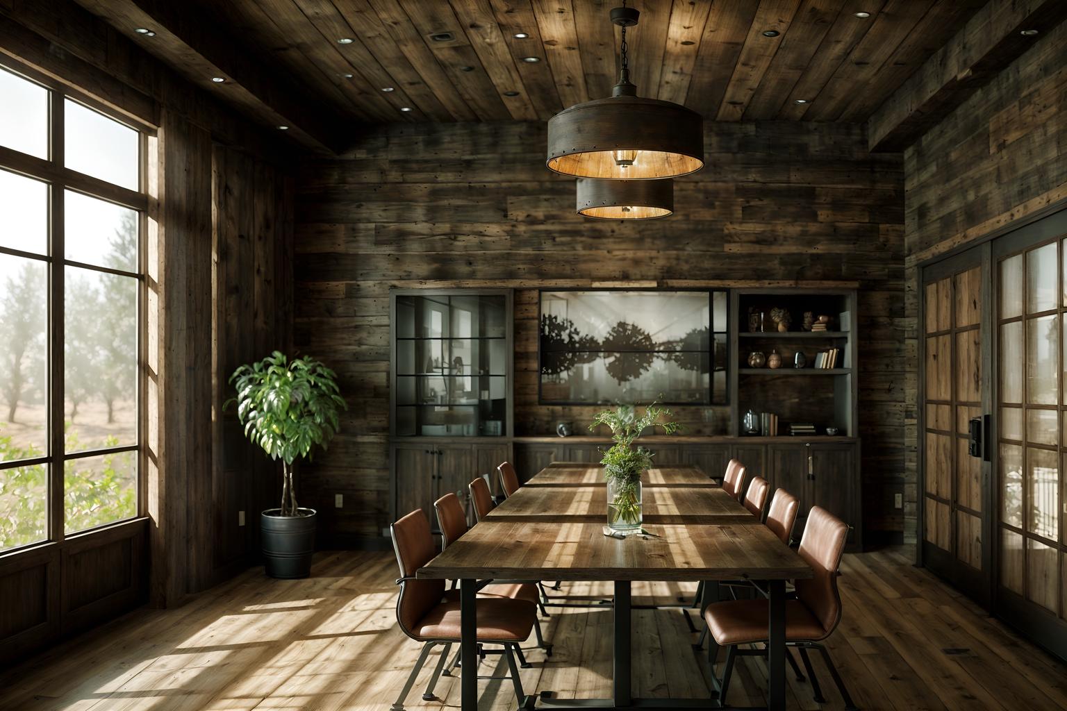 rustic-style (meeting room interior) with cabinets and boardroom table and vase and painting or photo on wall and office chairs and glass walls and plant and glass doors. . with . . cinematic photo, highly detailed, cinematic lighting, ultra-detailed, ultrarealistic, photorealism, 8k. rustic interior design style. masterpiece, cinematic light, ultrarealistic+, photorealistic+, 8k, raw photo, realistic, sharp focus on eyes, (symmetrical eyes), (intact eyes), hyperrealistic, highest quality, best quality, , highly detailed, masterpiece, best quality, extremely detailed 8k wallpaper, masterpiece, best quality, ultra-detailed, best shadow, detailed background, detailed face, detailed eyes, high contrast, best illumination, detailed face, dulux, caustic, dynamic angle, detailed glow. dramatic lighting. highly detailed, insanely detailed hair, symmetrical, intricate details, professionally retouched, 8k high definition. strong bokeh. award winning photo.