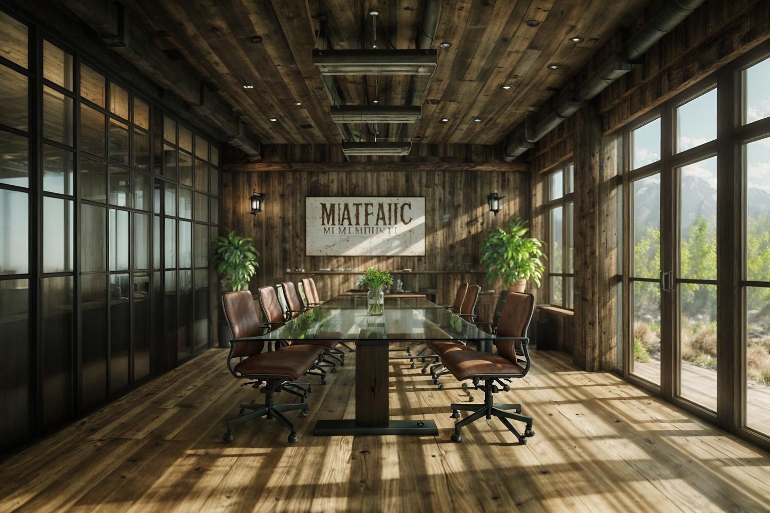 rustic-style (meeting room interior) with cabinets and boardroom table and vase and painting or photo on wall and office chairs and glass walls and plant and glass doors. . with . . cinematic photo, highly detailed, cinematic lighting, ultra-detailed, ultrarealistic, photorealism, 8k. rustic interior design style. masterpiece, cinematic light, ultrarealistic+, photorealistic+, 8k, raw photo, realistic, sharp focus on eyes, (symmetrical eyes), (intact eyes), hyperrealistic, highest quality, best quality, , highly detailed, masterpiece, best quality, extremely detailed 8k wallpaper, masterpiece, best quality, ultra-detailed, best shadow, detailed background, detailed face, detailed eyes, high contrast, best illumination, detailed face, dulux, caustic, dynamic angle, detailed glow. dramatic lighting. highly detailed, insanely detailed hair, symmetrical, intricate details, professionally retouched, 8k high definition. strong bokeh. award winning photo.