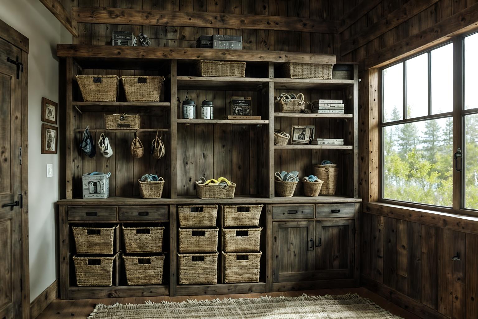 rustic-style (drop zone interior) with storage baskets and storage drawers and high up storage and cubbies and shelves for shoes and wall hooks for coats and lockers and cabinets. . with . . cinematic photo, highly detailed, cinematic lighting, ultra-detailed, ultrarealistic, photorealism, 8k. rustic interior design style. masterpiece, cinematic light, ultrarealistic+, photorealistic+, 8k, raw photo, realistic, sharp focus on eyes, (symmetrical eyes), (intact eyes), hyperrealistic, highest quality, best quality, , highly detailed, masterpiece, best quality, extremely detailed 8k wallpaper, masterpiece, best quality, ultra-detailed, best shadow, detailed background, detailed face, detailed eyes, high contrast, best illumination, detailed face, dulux, caustic, dynamic angle, detailed glow. dramatic lighting. highly detailed, insanely detailed hair, symmetrical, intricate details, professionally retouched, 8k high definition. strong bokeh. award winning photo.