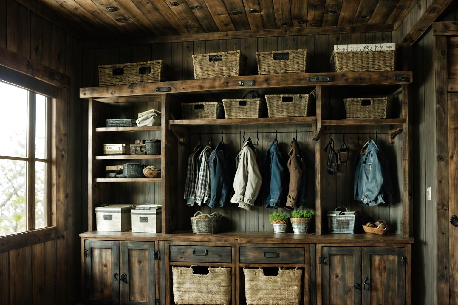 rustic-style (drop zone interior) with storage baskets and storage drawers and high up storage and cubbies and shelves for shoes and wall hooks for coats and lockers and cabinets. . with . . cinematic photo, highly detailed, cinematic lighting, ultra-detailed, ultrarealistic, photorealism, 8k. rustic interior design style. masterpiece, cinematic light, ultrarealistic+, photorealistic+, 8k, raw photo, realistic, sharp focus on eyes, (symmetrical eyes), (intact eyes), hyperrealistic, highest quality, best quality, , highly detailed, masterpiece, best quality, extremely detailed 8k wallpaper, masterpiece, best quality, ultra-detailed, best shadow, detailed background, detailed face, detailed eyes, high contrast, best illumination, detailed face, dulux, caustic, dynamic angle, detailed glow. dramatic lighting. highly detailed, insanely detailed hair, symmetrical, intricate details, professionally retouched, 8k high definition. strong bokeh. award winning photo.