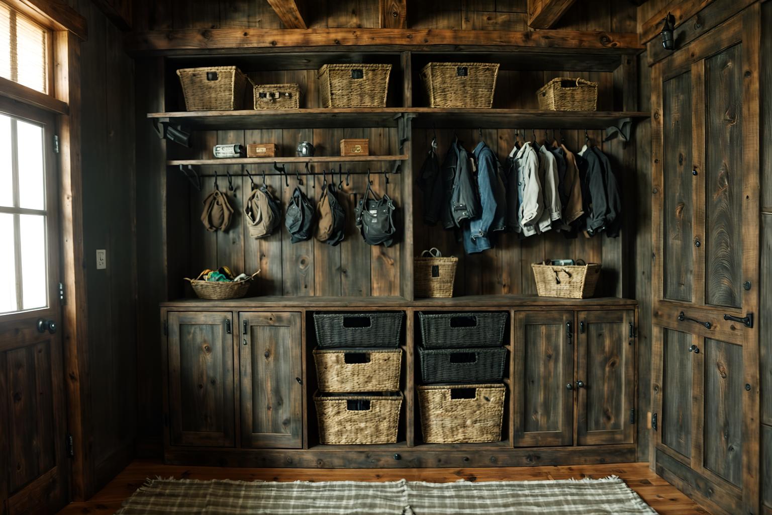 rustic-style (drop zone interior) with storage baskets and storage drawers and high up storage and cubbies and shelves for shoes and wall hooks for coats and lockers and cabinets. . with . . cinematic photo, highly detailed, cinematic lighting, ultra-detailed, ultrarealistic, photorealism, 8k. rustic interior design style. masterpiece, cinematic light, ultrarealistic+, photorealistic+, 8k, raw photo, realistic, sharp focus on eyes, (symmetrical eyes), (intact eyes), hyperrealistic, highest quality, best quality, , highly detailed, masterpiece, best quality, extremely detailed 8k wallpaper, masterpiece, best quality, ultra-detailed, best shadow, detailed background, detailed face, detailed eyes, high contrast, best illumination, detailed face, dulux, caustic, dynamic angle, detailed glow. dramatic lighting. highly detailed, insanely detailed hair, symmetrical, intricate details, professionally retouched, 8k high definition. strong bokeh. award winning photo.