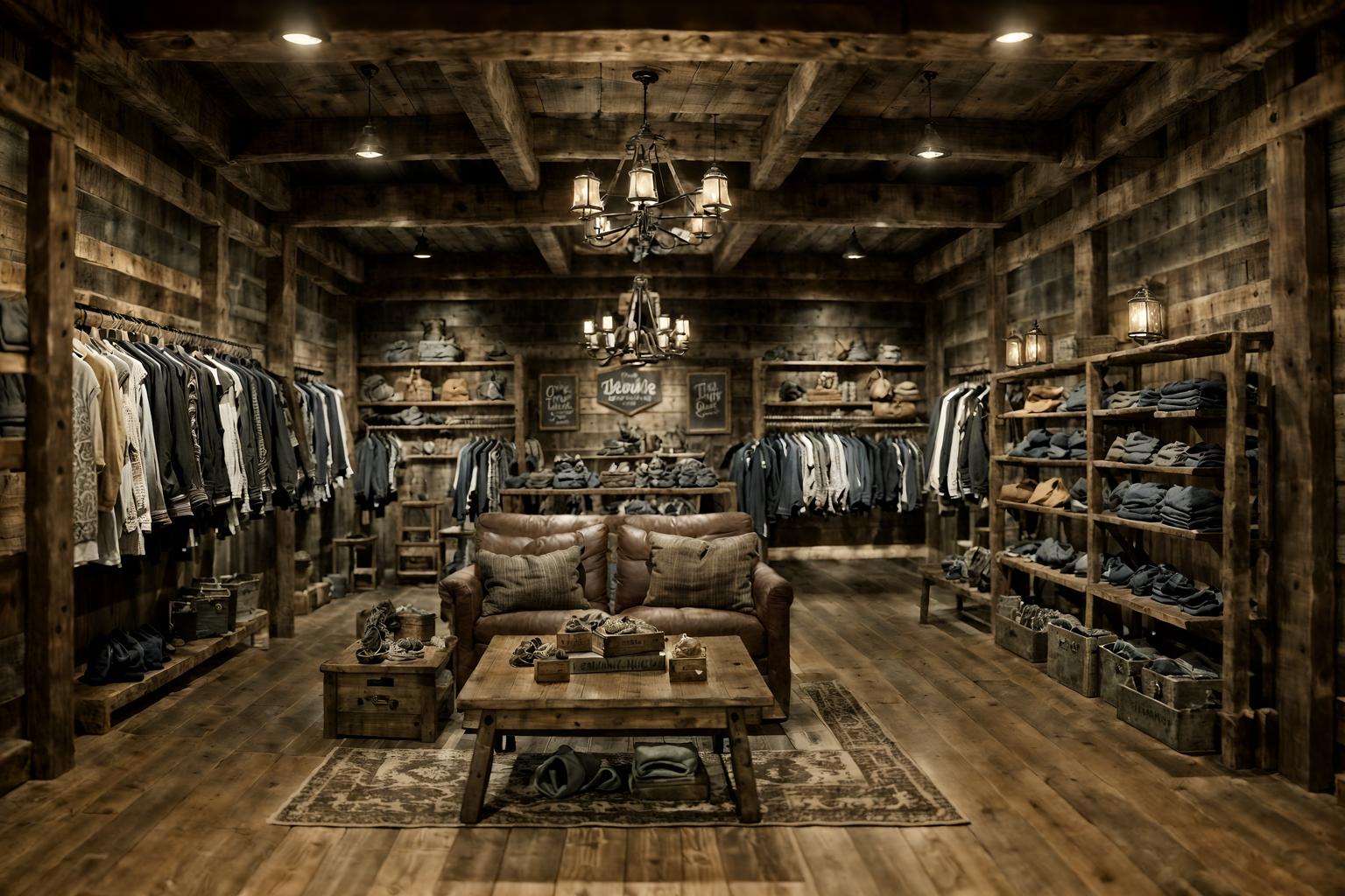 rustic-style (clothing store interior) . with . . cinematic photo, highly detailed, cinematic lighting, ultra-detailed, ultrarealistic, photorealism, 8k. rustic interior design style. masterpiece, cinematic light, ultrarealistic+, photorealistic+, 8k, raw photo, realistic, sharp focus on eyes, (symmetrical eyes), (intact eyes), hyperrealistic, highest quality, best quality, , highly detailed, masterpiece, best quality, extremely detailed 8k wallpaper, masterpiece, best quality, ultra-detailed, best shadow, detailed background, detailed face, detailed eyes, high contrast, best illumination, detailed face, dulux, caustic, dynamic angle, detailed glow. dramatic lighting. highly detailed, insanely detailed hair, symmetrical, intricate details, professionally retouched, 8k high definition. strong bokeh. award winning photo.