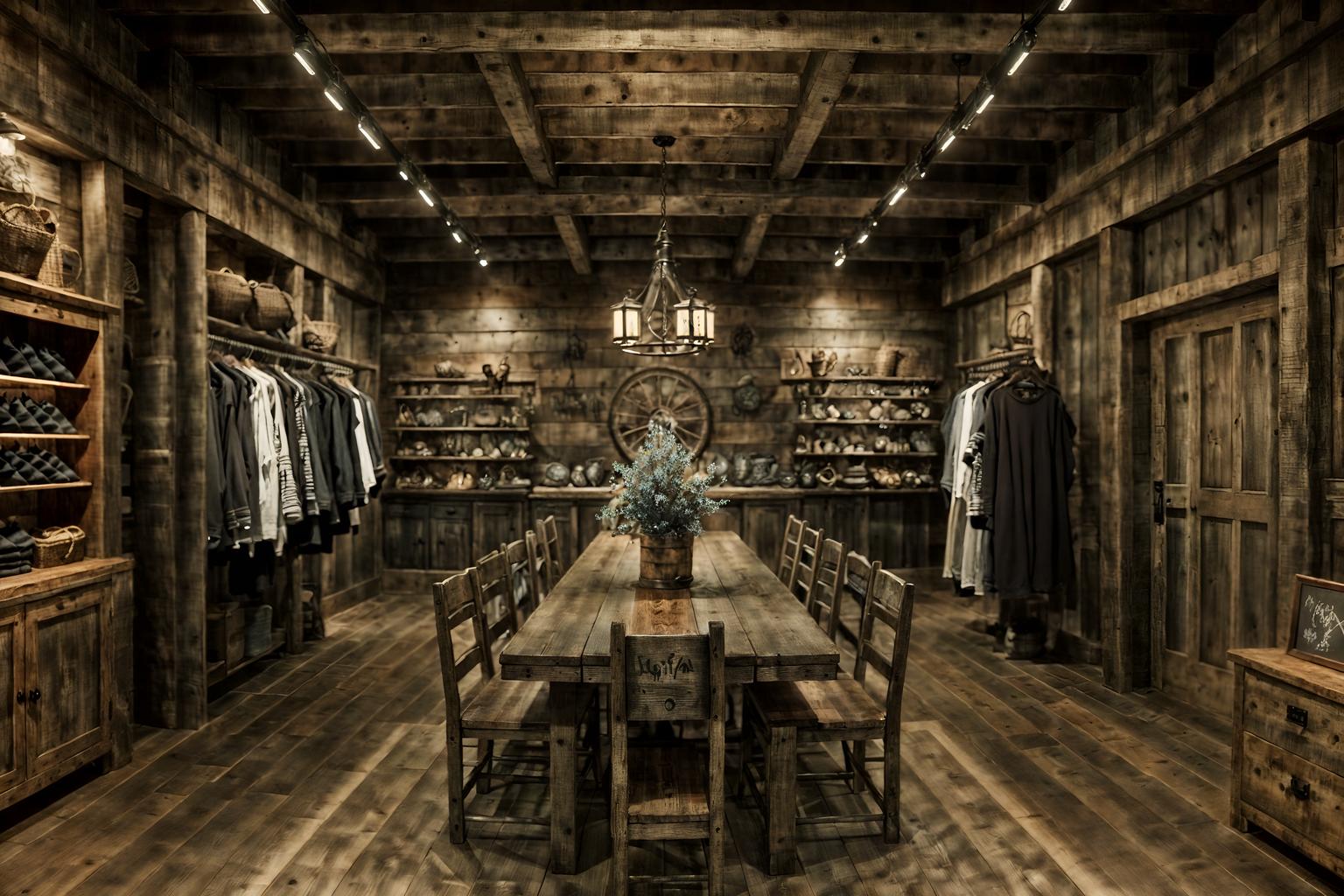 rustic-style (clothing store interior) . with . . cinematic photo, highly detailed, cinematic lighting, ultra-detailed, ultrarealistic, photorealism, 8k. rustic interior design style. masterpiece, cinematic light, ultrarealistic+, photorealistic+, 8k, raw photo, realistic, sharp focus on eyes, (symmetrical eyes), (intact eyes), hyperrealistic, highest quality, best quality, , highly detailed, masterpiece, best quality, extremely detailed 8k wallpaper, masterpiece, best quality, ultra-detailed, best shadow, detailed background, detailed face, detailed eyes, high contrast, best illumination, detailed face, dulux, caustic, dynamic angle, detailed glow. dramatic lighting. highly detailed, insanely detailed hair, symmetrical, intricate details, professionally retouched, 8k high definition. strong bokeh. award winning photo.