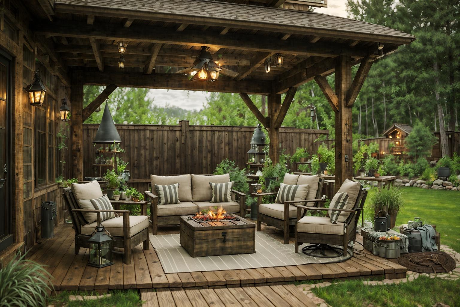 rustic-style designed (outdoor patio ) with plant and deck with deck chairs and patio couch with pillows and barbeque or grill and grass and plant. . with . . cinematic photo, highly detailed, cinematic lighting, ultra-detailed, ultrarealistic, photorealism, 8k. rustic design style. masterpiece, cinematic light, ultrarealistic+, photorealistic+, 8k, raw photo, realistic, sharp focus on eyes, (symmetrical eyes), (intact eyes), hyperrealistic, highest quality, best quality, , highly detailed, masterpiece, best quality, extremely detailed 8k wallpaper, masterpiece, best quality, ultra-detailed, best shadow, detailed background, detailed face, detailed eyes, high contrast, best illumination, detailed face, dulux, caustic, dynamic angle, detailed glow. dramatic lighting. highly detailed, insanely detailed hair, symmetrical, intricate details, professionally retouched, 8k high definition. strong bokeh. award winning photo.