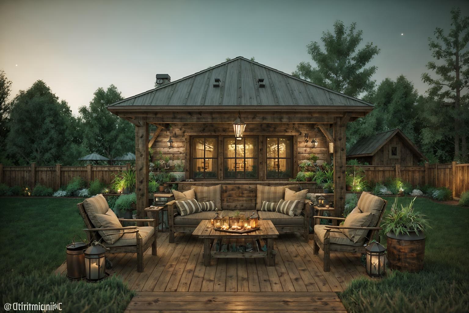 rustic-style designed (outdoor patio ) with plant and deck with deck chairs and patio couch with pillows and barbeque or grill and grass and plant. . with . . cinematic photo, highly detailed, cinematic lighting, ultra-detailed, ultrarealistic, photorealism, 8k. rustic design style. masterpiece, cinematic light, ultrarealistic+, photorealistic+, 8k, raw photo, realistic, sharp focus on eyes, (symmetrical eyes), (intact eyes), hyperrealistic, highest quality, best quality, , highly detailed, masterpiece, best quality, extremely detailed 8k wallpaper, masterpiece, best quality, ultra-detailed, best shadow, detailed background, detailed face, detailed eyes, high contrast, best illumination, detailed face, dulux, caustic, dynamic angle, detailed glow. dramatic lighting. highly detailed, insanely detailed hair, symmetrical, intricate details, professionally retouched, 8k high definition. strong bokeh. award winning photo.