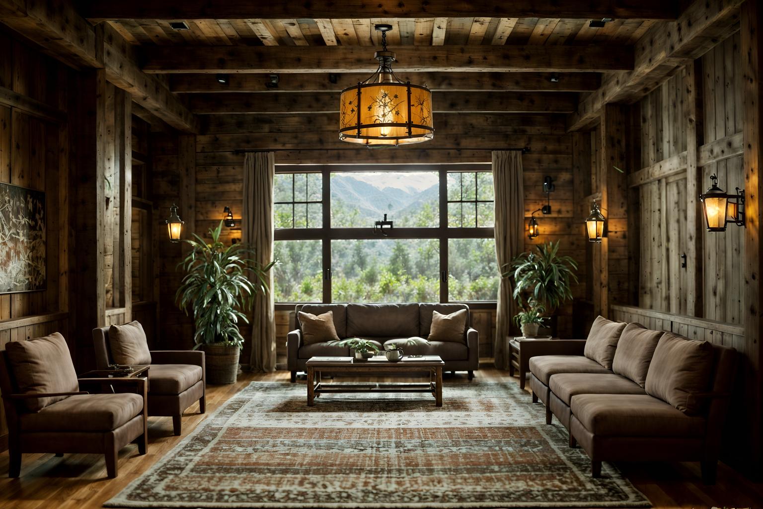rustic-style (hotel lobby interior) with coffee tables and sofas and check in desk and rug and hanging lamps and lounge chairs and plant and furniture. . with . . cinematic photo, highly detailed, cinematic lighting, ultra-detailed, ultrarealistic, photorealism, 8k. rustic interior design style. masterpiece, cinematic light, ultrarealistic+, photorealistic+, 8k, raw photo, realistic, sharp focus on eyes, (symmetrical eyes), (intact eyes), hyperrealistic, highest quality, best quality, , highly detailed, masterpiece, best quality, extremely detailed 8k wallpaper, masterpiece, best quality, ultra-detailed, best shadow, detailed background, detailed face, detailed eyes, high contrast, best illumination, detailed face, dulux, caustic, dynamic angle, detailed glow. dramatic lighting. highly detailed, insanely detailed hair, symmetrical, intricate details, professionally retouched, 8k high definition. strong bokeh. award winning photo.