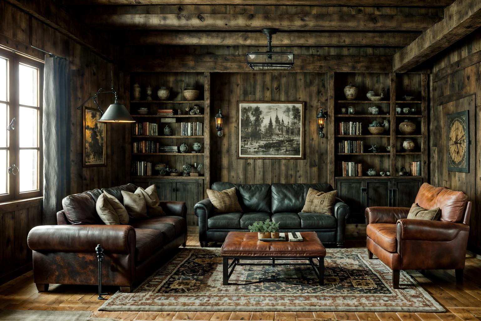 rustic-style (living room interior) with sofa and furniture and rug and bookshelves and coffee tables and televisions and chairs and electric lamps. . with . . cinematic photo, highly detailed, cinematic lighting, ultra-detailed, ultrarealistic, photorealism, 8k. rustic interior design style. masterpiece, cinematic light, ultrarealistic+, photorealistic+, 8k, raw photo, realistic, sharp focus on eyes, (symmetrical eyes), (intact eyes), hyperrealistic, highest quality, best quality, , highly detailed, masterpiece, best quality, extremely detailed 8k wallpaper, masterpiece, best quality, ultra-detailed, best shadow, detailed background, detailed face, detailed eyes, high contrast, best illumination, detailed face, dulux, caustic, dynamic angle, detailed glow. dramatic lighting. highly detailed, insanely detailed hair, symmetrical, intricate details, professionally retouched, 8k high definition. strong bokeh. award winning photo.