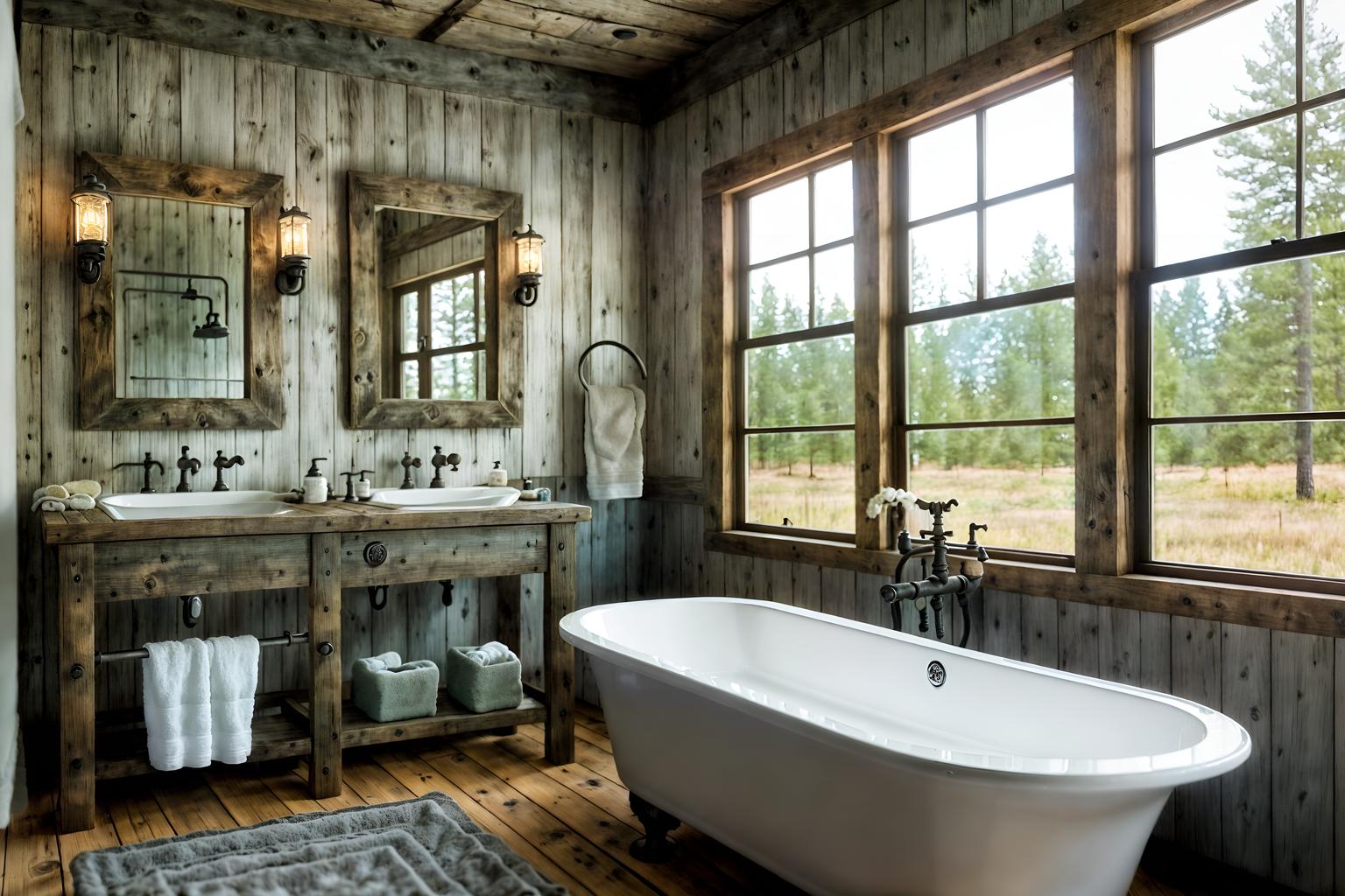 rustic-style (bathroom interior) with bathroom sink with faucet and bath rail and bath towel and shower and toilet seat and mirror and bathroom cabinet and bathtub. . with . . cinematic photo, highly detailed, cinematic lighting, ultra-detailed, ultrarealistic, photorealism, 8k. rustic interior design style. masterpiece, cinematic light, ultrarealistic+, photorealistic+, 8k, raw photo, realistic, sharp focus on eyes, (symmetrical eyes), (intact eyes), hyperrealistic, highest quality, best quality, , highly detailed, masterpiece, best quality, extremely detailed 8k wallpaper, masterpiece, best quality, ultra-detailed, best shadow, detailed background, detailed face, detailed eyes, high contrast, best illumination, detailed face, dulux, caustic, dynamic angle, detailed glow. dramatic lighting. highly detailed, insanely detailed hair, symmetrical, intricate details, professionally retouched, 8k high definition. strong bokeh. award winning photo.