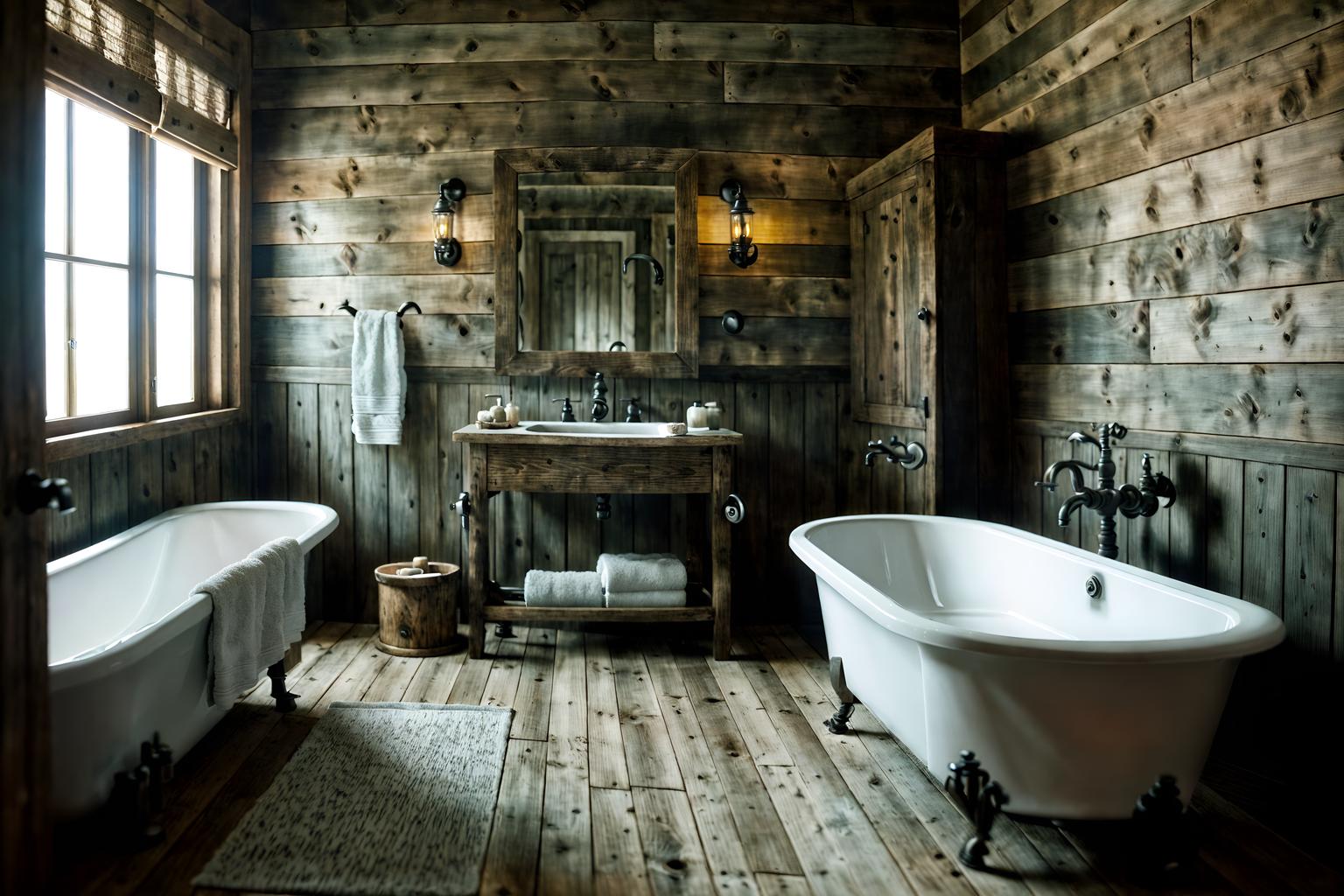 rustic-style (bathroom interior) with bathroom sink with faucet and bath rail and bath towel and shower and toilet seat and mirror and bathroom cabinet and bathtub. . with . . cinematic photo, highly detailed, cinematic lighting, ultra-detailed, ultrarealistic, photorealism, 8k. rustic interior design style. masterpiece, cinematic light, ultrarealistic+, photorealistic+, 8k, raw photo, realistic, sharp focus on eyes, (symmetrical eyes), (intact eyes), hyperrealistic, highest quality, best quality, , highly detailed, masterpiece, best quality, extremely detailed 8k wallpaper, masterpiece, best quality, ultra-detailed, best shadow, detailed background, detailed face, detailed eyes, high contrast, best illumination, detailed face, dulux, caustic, dynamic angle, detailed glow. dramatic lighting. highly detailed, insanely detailed hair, symmetrical, intricate details, professionally retouched, 8k high definition. strong bokeh. award winning photo.