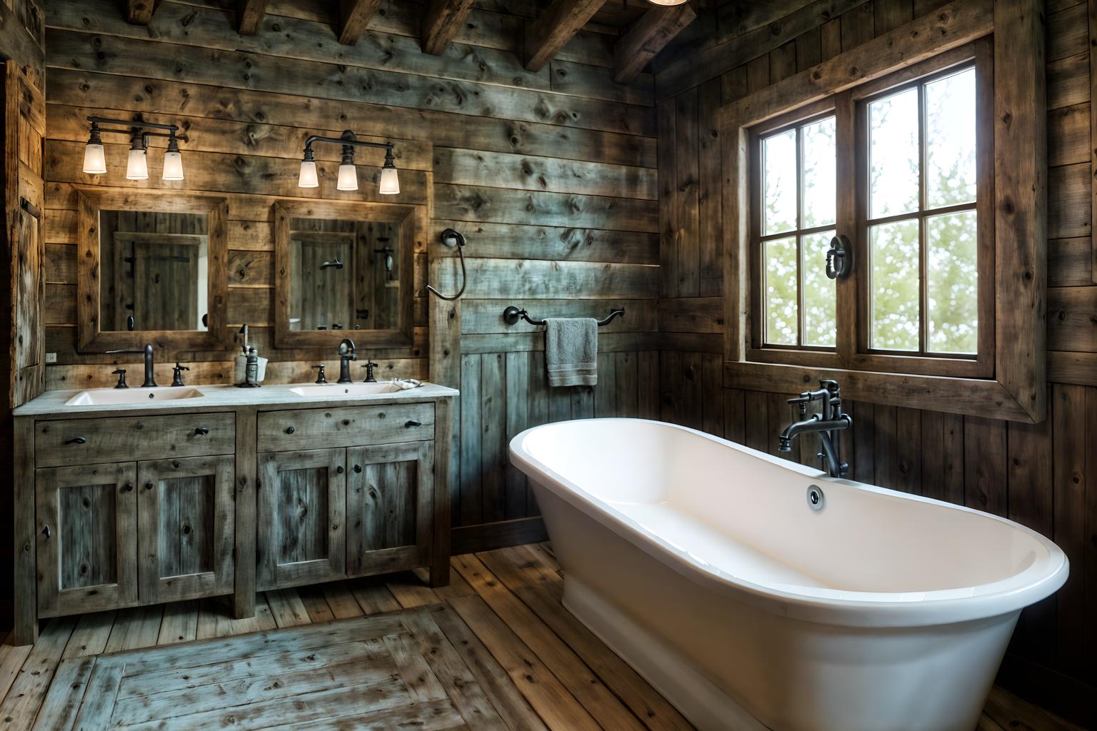 rustic-style (bathroom interior) with bathroom sink with faucet and bath rail and bath towel and shower and toilet seat and mirror and bathroom cabinet and bathtub. . with . . cinematic photo, highly detailed, cinematic lighting, ultra-detailed, ultrarealistic, photorealism, 8k. rustic interior design style. masterpiece, cinematic light, ultrarealistic+, photorealistic+, 8k, raw photo, realistic, sharp focus on eyes, (symmetrical eyes), (intact eyes), hyperrealistic, highest quality, best quality, , highly detailed, masterpiece, best quality, extremely detailed 8k wallpaper, masterpiece, best quality, ultra-detailed, best shadow, detailed background, detailed face, detailed eyes, high contrast, best illumination, detailed face, dulux, caustic, dynamic angle, detailed glow. dramatic lighting. highly detailed, insanely detailed hair, symmetrical, intricate details, professionally retouched, 8k high definition. strong bokeh. award winning photo.