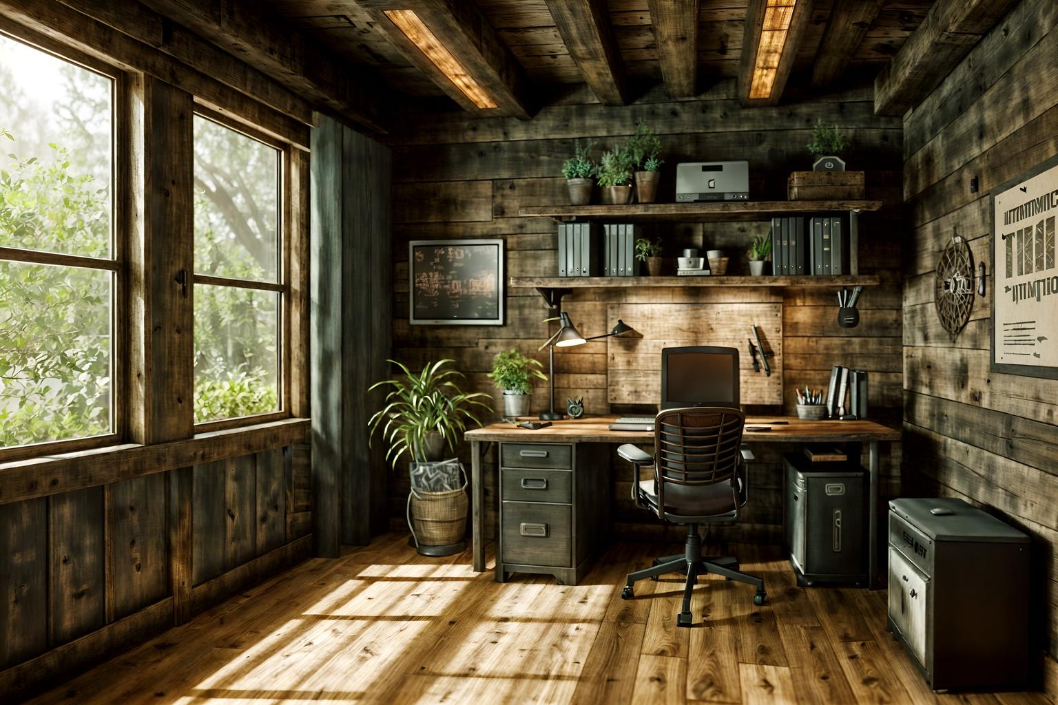 rustic-style (home office interior) with computer desk and office chair and desk lamp and plant and cabinets and computer desk. . with . . cinematic photo, highly detailed, cinematic lighting, ultra-detailed, ultrarealistic, photorealism, 8k. rustic interior design style. masterpiece, cinematic light, ultrarealistic+, photorealistic+, 8k, raw photo, realistic, sharp focus on eyes, (symmetrical eyes), (intact eyes), hyperrealistic, highest quality, best quality, , highly detailed, masterpiece, best quality, extremely detailed 8k wallpaper, masterpiece, best quality, ultra-detailed, best shadow, detailed background, detailed face, detailed eyes, high contrast, best illumination, detailed face, dulux, caustic, dynamic angle, detailed glow. dramatic lighting. highly detailed, insanely detailed hair, symmetrical, intricate details, professionally retouched, 8k high definition. strong bokeh. award winning photo.