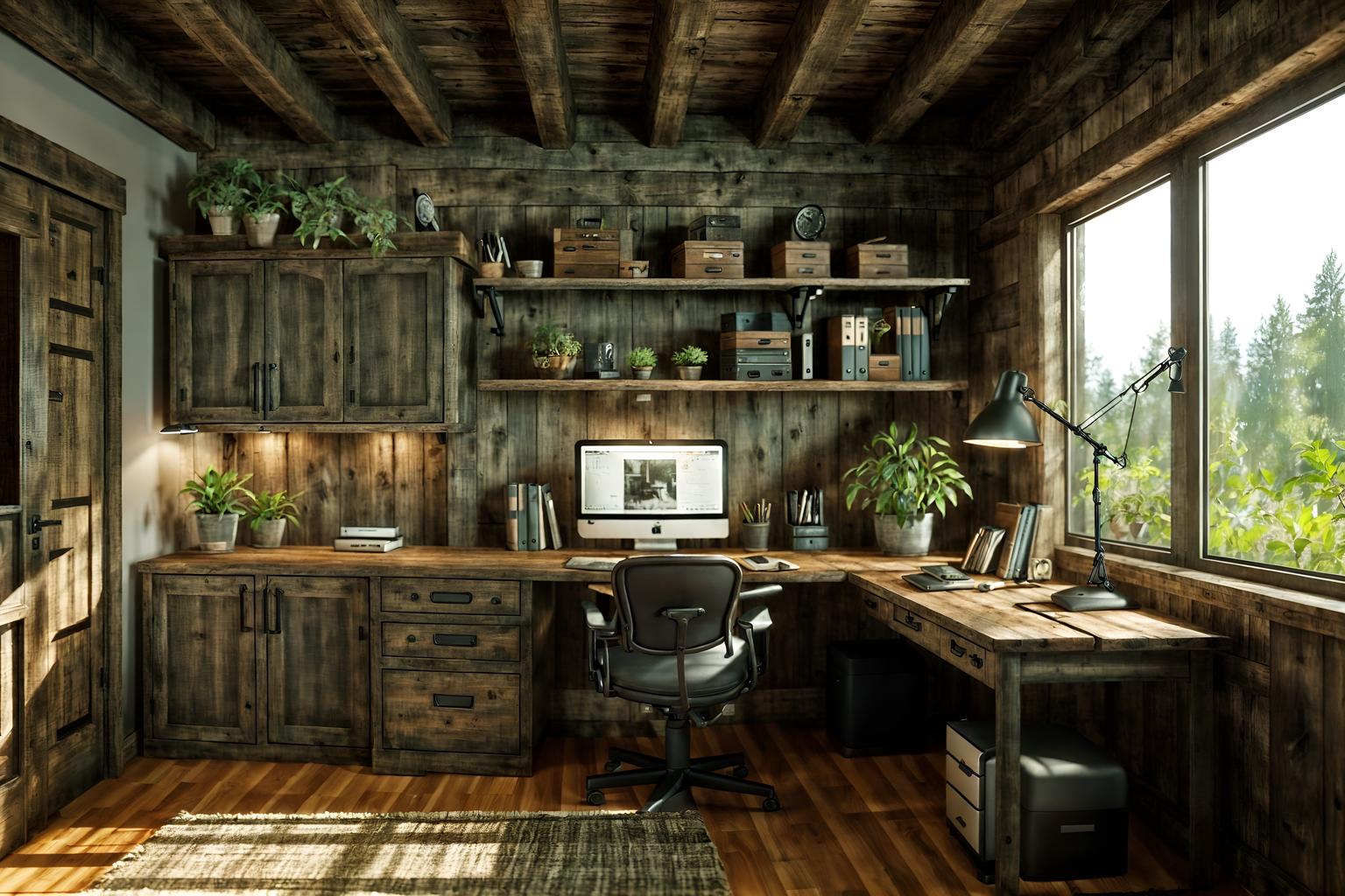 rustic-style (home office interior) with computer desk and office chair and desk lamp and plant and cabinets and computer desk. . with . . cinematic photo, highly detailed, cinematic lighting, ultra-detailed, ultrarealistic, photorealism, 8k. rustic interior design style. masterpiece, cinematic light, ultrarealistic+, photorealistic+, 8k, raw photo, realistic, sharp focus on eyes, (symmetrical eyes), (intact eyes), hyperrealistic, highest quality, best quality, , highly detailed, masterpiece, best quality, extremely detailed 8k wallpaper, masterpiece, best quality, ultra-detailed, best shadow, detailed background, detailed face, detailed eyes, high contrast, best illumination, detailed face, dulux, caustic, dynamic angle, detailed glow. dramatic lighting. highly detailed, insanely detailed hair, symmetrical, intricate details, professionally retouched, 8k high definition. strong bokeh. award winning photo.