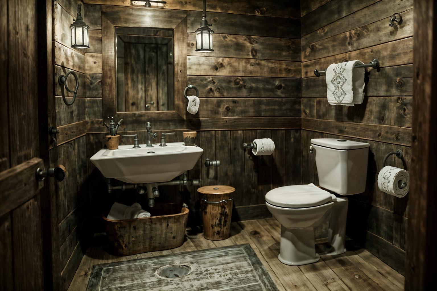 rustic-style (toilet interior) with sink with tap and toilet with toilet seat up and toilet paper hanger and sink with tap. . with . . cinematic photo, highly detailed, cinematic lighting, ultra-detailed, ultrarealistic, photorealism, 8k. rustic interior design style. masterpiece, cinematic light, ultrarealistic+, photorealistic+, 8k, raw photo, realistic, sharp focus on eyes, (symmetrical eyes), (intact eyes), hyperrealistic, highest quality, best quality, , highly detailed, masterpiece, best quality, extremely detailed 8k wallpaper, masterpiece, best quality, ultra-detailed, best shadow, detailed background, detailed face, detailed eyes, high contrast, best illumination, detailed face, dulux, caustic, dynamic angle, detailed glow. dramatic lighting. highly detailed, insanely detailed hair, symmetrical, intricate details, professionally retouched, 8k high definition. strong bokeh. award winning photo.