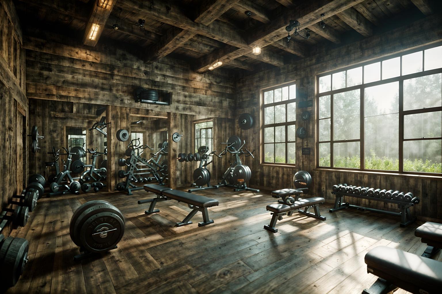 rustic-style (fitness gym interior) with dumbbell stand and exercise bicycle and crosstrainer and squat rack and bench press and dumbbell stand. . with . . cinematic photo, highly detailed, cinematic lighting, ultra-detailed, ultrarealistic, photorealism, 8k. rustic interior design style. masterpiece, cinematic light, ultrarealistic+, photorealistic+, 8k, raw photo, realistic, sharp focus on eyes, (symmetrical eyes), (intact eyes), hyperrealistic, highest quality, best quality, , highly detailed, masterpiece, best quality, extremely detailed 8k wallpaper, masterpiece, best quality, ultra-detailed, best shadow, detailed background, detailed face, detailed eyes, high contrast, best illumination, detailed face, dulux, caustic, dynamic angle, detailed glow. dramatic lighting. highly detailed, insanely detailed hair, symmetrical, intricate details, professionally retouched, 8k high definition. strong bokeh. award winning photo.