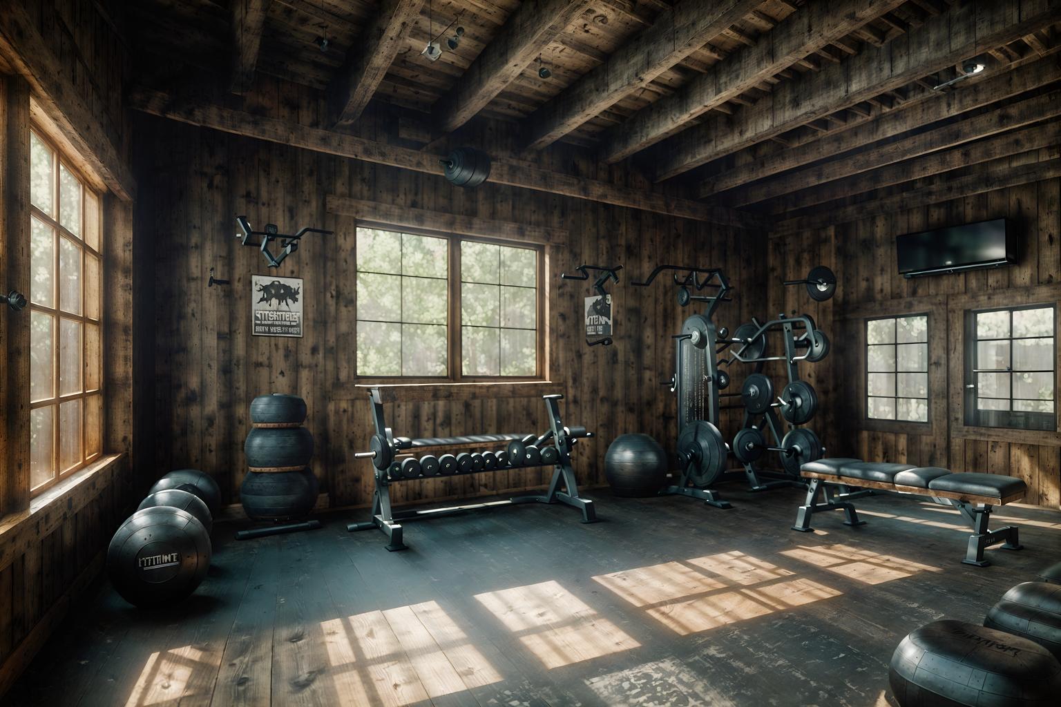 rustic-style (fitness gym interior) with dumbbell stand and exercise bicycle and crosstrainer and squat rack and bench press and dumbbell stand. . with . . cinematic photo, highly detailed, cinematic lighting, ultra-detailed, ultrarealistic, photorealism, 8k. rustic interior design style. masterpiece, cinematic light, ultrarealistic+, photorealistic+, 8k, raw photo, realistic, sharp focus on eyes, (symmetrical eyes), (intact eyes), hyperrealistic, highest quality, best quality, , highly detailed, masterpiece, best quality, extremely detailed 8k wallpaper, masterpiece, best quality, ultra-detailed, best shadow, detailed background, detailed face, detailed eyes, high contrast, best illumination, detailed face, dulux, caustic, dynamic angle, detailed glow. dramatic lighting. highly detailed, insanely detailed hair, symmetrical, intricate details, professionally retouched, 8k high definition. strong bokeh. award winning photo.