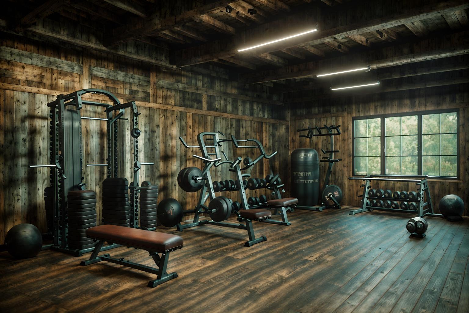 rustic-style (fitness gym interior) with dumbbell stand and exercise bicycle and crosstrainer and squat rack and bench press and dumbbell stand. . with . . cinematic photo, highly detailed, cinematic lighting, ultra-detailed, ultrarealistic, photorealism, 8k. rustic interior design style. masterpiece, cinematic light, ultrarealistic+, photorealistic+, 8k, raw photo, realistic, sharp focus on eyes, (symmetrical eyes), (intact eyes), hyperrealistic, highest quality, best quality, , highly detailed, masterpiece, best quality, extremely detailed 8k wallpaper, masterpiece, best quality, ultra-detailed, best shadow, detailed background, detailed face, detailed eyes, high contrast, best illumination, detailed face, dulux, caustic, dynamic angle, detailed glow. dramatic lighting. highly detailed, insanely detailed hair, symmetrical, intricate details, professionally retouched, 8k high definition. strong bokeh. award winning photo.