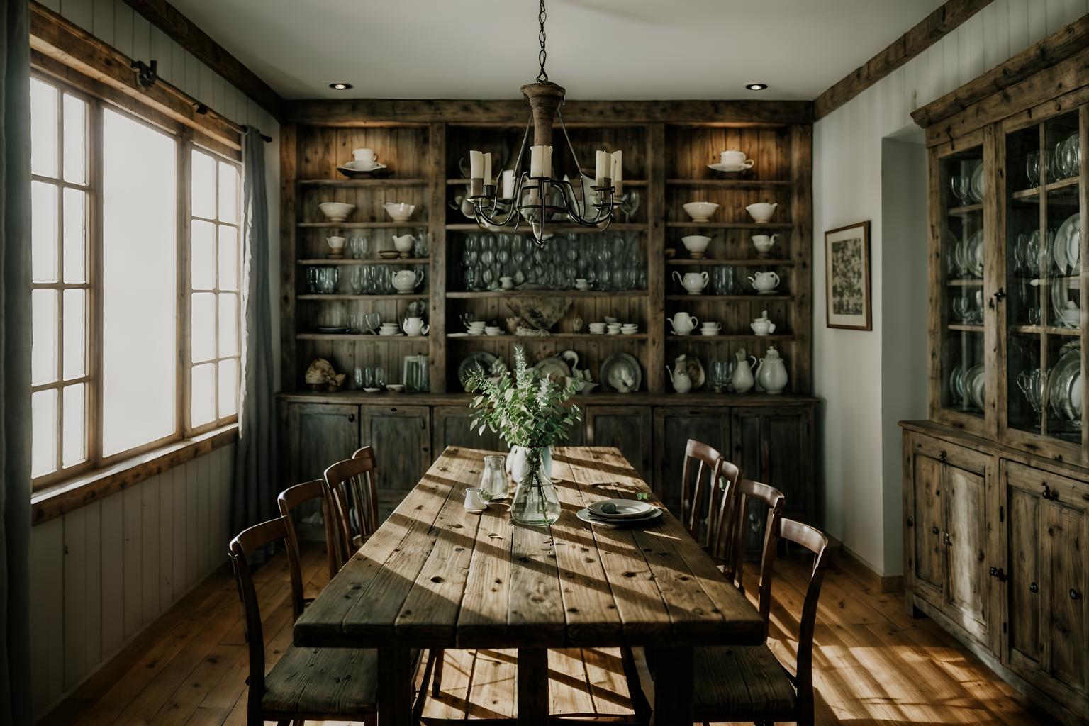 rustic-style (dining room interior) with bookshelves and table cloth and plates, cutlery and glasses on dining table and dining table and painting or photo on wall and vase and plant and dining table chairs. . with . . cinematic photo, highly detailed, cinematic lighting, ultra-detailed, ultrarealistic, photorealism, 8k. rustic interior design style. masterpiece, cinematic light, ultrarealistic+, photorealistic+, 8k, raw photo, realistic, sharp focus on eyes, (symmetrical eyes), (intact eyes), hyperrealistic, highest quality, best quality, , highly detailed, masterpiece, best quality, extremely detailed 8k wallpaper, masterpiece, best quality, ultra-detailed, best shadow, detailed background, detailed face, detailed eyes, high contrast, best illumination, detailed face, dulux, caustic, dynamic angle, detailed glow. dramatic lighting. highly detailed, insanely detailed hair, symmetrical, intricate details, professionally retouched, 8k high definition. strong bokeh. award winning photo.