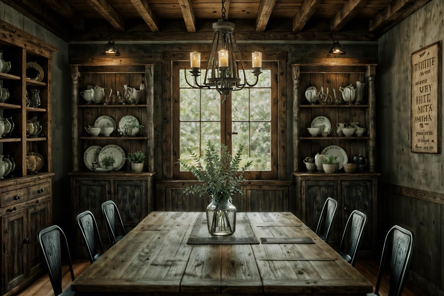 rustic-style (dining room interior) with bookshelves and table cloth and plates, cutlery and glasses on dining table and dining table and painting or photo on wall and vase and plant and dining table chairs. . with . . cinematic photo, highly detailed, cinematic lighting, ultra-detailed, ultrarealistic, photorealism, 8k. rustic interior design style. masterpiece, cinematic light, ultrarealistic+, photorealistic+, 8k, raw photo, realistic, sharp focus on eyes, (symmetrical eyes), (intact eyes), hyperrealistic, highest quality, best quality, , highly detailed, masterpiece, best quality, extremely detailed 8k wallpaper, masterpiece, best quality, ultra-detailed, best shadow, detailed background, detailed face, detailed eyes, high contrast, best illumination, detailed face, dulux, caustic, dynamic angle, detailed glow. dramatic lighting. highly detailed, insanely detailed hair, symmetrical, intricate details, professionally retouched, 8k high definition. strong bokeh. award winning photo.