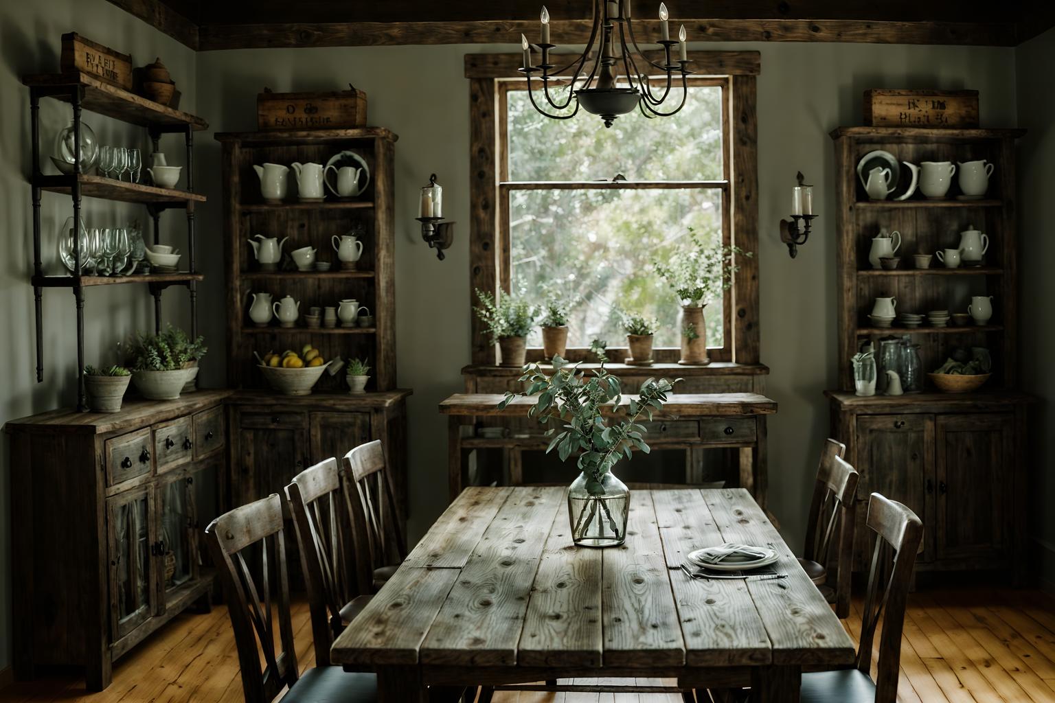 rustic-style (dining room interior) with bookshelves and table cloth and plates, cutlery and glasses on dining table and dining table and painting or photo on wall and vase and plant and dining table chairs. . with . . cinematic photo, highly detailed, cinematic lighting, ultra-detailed, ultrarealistic, photorealism, 8k. rustic interior design style. masterpiece, cinematic light, ultrarealistic+, photorealistic+, 8k, raw photo, realistic, sharp focus on eyes, (symmetrical eyes), (intact eyes), hyperrealistic, highest quality, best quality, , highly detailed, masterpiece, best quality, extremely detailed 8k wallpaper, masterpiece, best quality, ultra-detailed, best shadow, detailed background, detailed face, detailed eyes, high contrast, best illumination, detailed face, dulux, caustic, dynamic angle, detailed glow. dramatic lighting. highly detailed, insanely detailed hair, symmetrical, intricate details, professionally retouched, 8k high definition. strong bokeh. award winning photo.