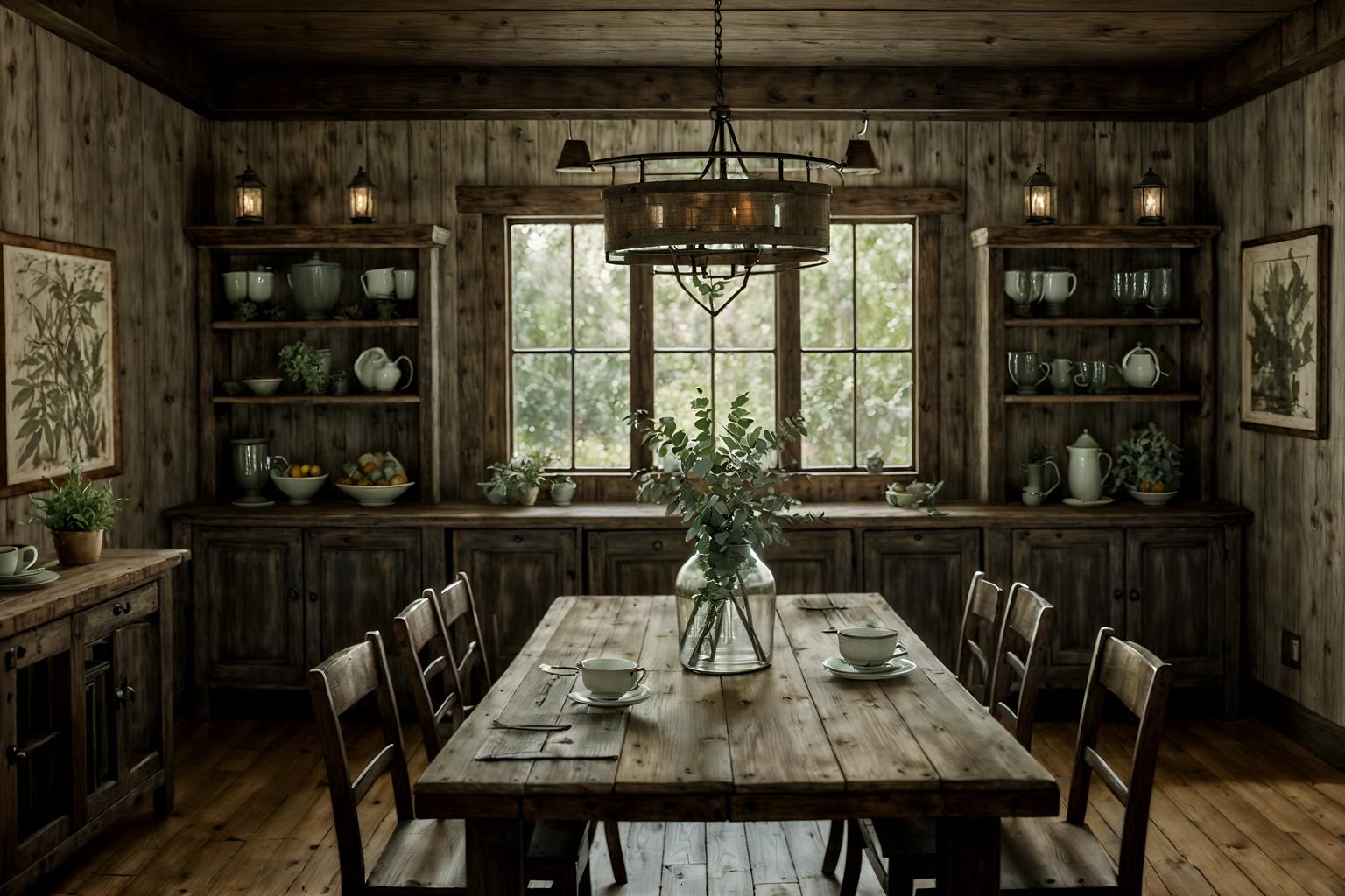 rustic-style (dining room interior) with bookshelves and table cloth and plates, cutlery and glasses on dining table and dining table and painting or photo on wall and vase and plant and dining table chairs. . with . . cinematic photo, highly detailed, cinematic lighting, ultra-detailed, ultrarealistic, photorealism, 8k. rustic interior design style. masterpiece, cinematic light, ultrarealistic+, photorealistic+, 8k, raw photo, realistic, sharp focus on eyes, (symmetrical eyes), (intact eyes), hyperrealistic, highest quality, best quality, , highly detailed, masterpiece, best quality, extremely detailed 8k wallpaper, masterpiece, best quality, ultra-detailed, best shadow, detailed background, detailed face, detailed eyes, high contrast, best illumination, detailed face, dulux, caustic, dynamic angle, detailed glow. dramatic lighting. highly detailed, insanely detailed hair, symmetrical, intricate details, professionally retouched, 8k high definition. strong bokeh. award winning photo.