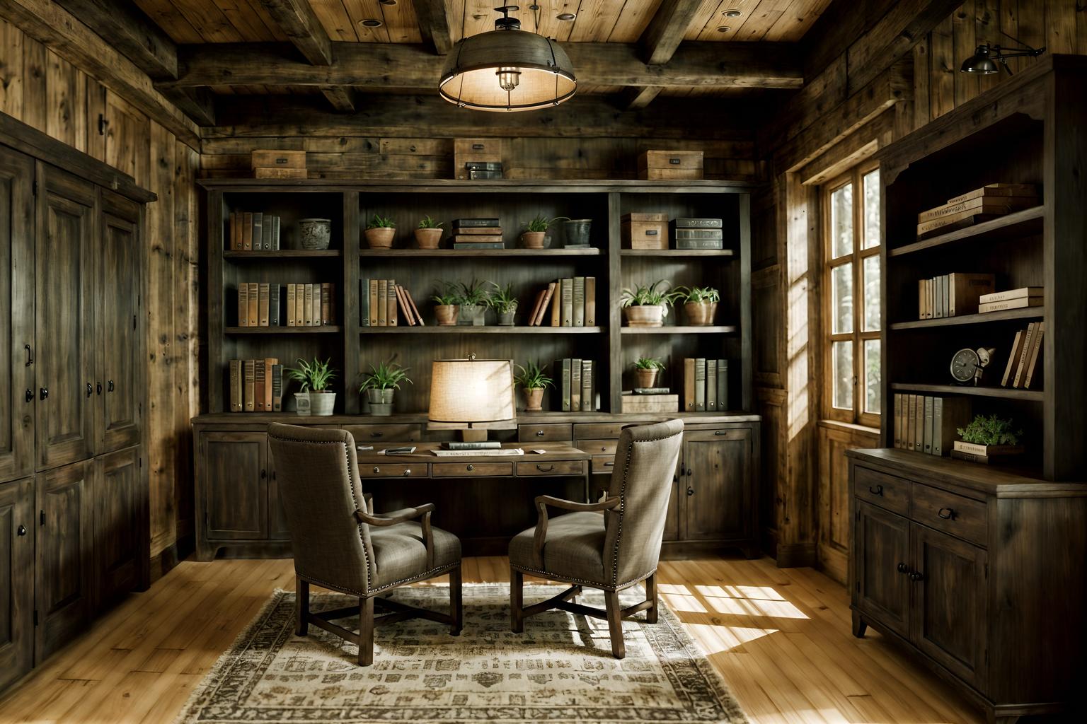 rustic-style (study room interior) with office chair and writing desk and cabinets and desk lamp and lounge chair and bookshelves and plant and office chair. . with . . cinematic photo, highly detailed, cinematic lighting, ultra-detailed, ultrarealistic, photorealism, 8k. rustic interior design style. masterpiece, cinematic light, ultrarealistic+, photorealistic+, 8k, raw photo, realistic, sharp focus on eyes, (symmetrical eyes), (intact eyes), hyperrealistic, highest quality, best quality, , highly detailed, masterpiece, best quality, extremely detailed 8k wallpaper, masterpiece, best quality, ultra-detailed, best shadow, detailed background, detailed face, detailed eyes, high contrast, best illumination, detailed face, dulux, caustic, dynamic angle, detailed glow. dramatic lighting. highly detailed, insanely detailed hair, symmetrical, intricate details, professionally retouched, 8k high definition. strong bokeh. award winning photo.