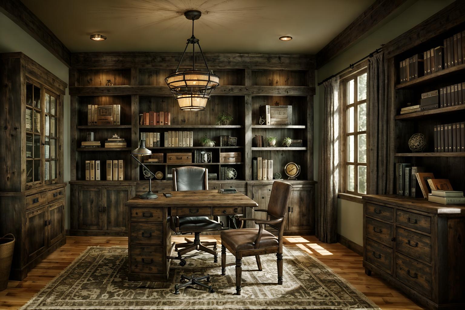 rustic-style (study room interior) with office chair and writing desk and cabinets and desk lamp and lounge chair and bookshelves and plant and office chair. . with . . cinematic photo, highly detailed, cinematic lighting, ultra-detailed, ultrarealistic, photorealism, 8k. rustic interior design style. masterpiece, cinematic light, ultrarealistic+, photorealistic+, 8k, raw photo, realistic, sharp focus on eyes, (symmetrical eyes), (intact eyes), hyperrealistic, highest quality, best quality, , highly detailed, masterpiece, best quality, extremely detailed 8k wallpaper, masterpiece, best quality, ultra-detailed, best shadow, detailed background, detailed face, detailed eyes, high contrast, best illumination, detailed face, dulux, caustic, dynamic angle, detailed glow. dramatic lighting. highly detailed, insanely detailed hair, symmetrical, intricate details, professionally retouched, 8k high definition. strong bokeh. award winning photo.