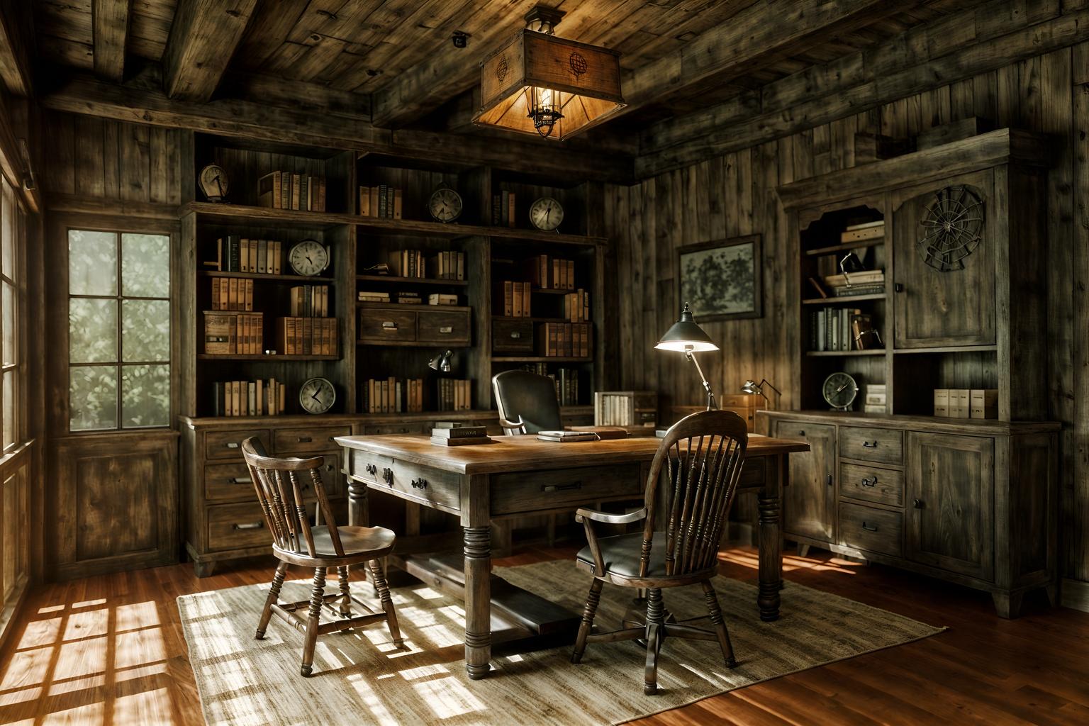 rustic-style (study room interior) with office chair and writing desk and cabinets and desk lamp and lounge chair and bookshelves and plant and office chair. . with . . cinematic photo, highly detailed, cinematic lighting, ultra-detailed, ultrarealistic, photorealism, 8k. rustic interior design style. masterpiece, cinematic light, ultrarealistic+, photorealistic+, 8k, raw photo, realistic, sharp focus on eyes, (symmetrical eyes), (intact eyes), hyperrealistic, highest quality, best quality, , highly detailed, masterpiece, best quality, extremely detailed 8k wallpaper, masterpiece, best quality, ultra-detailed, best shadow, detailed background, detailed face, detailed eyes, high contrast, best illumination, detailed face, dulux, caustic, dynamic angle, detailed glow. dramatic lighting. highly detailed, insanely detailed hair, symmetrical, intricate details, professionally retouched, 8k high definition. strong bokeh. award winning photo.