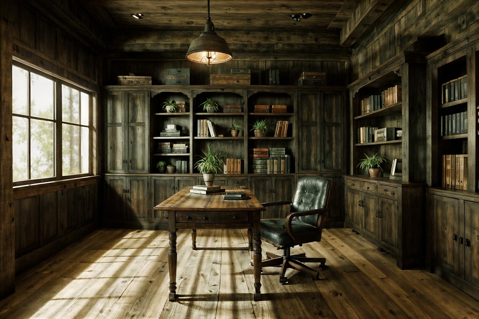 rustic-style (study room interior) with office chair and writing desk and cabinets and desk lamp and lounge chair and bookshelves and plant and office chair. . with . . cinematic photo, highly detailed, cinematic lighting, ultra-detailed, ultrarealistic, photorealism, 8k. rustic interior design style. masterpiece, cinematic light, ultrarealistic+, photorealistic+, 8k, raw photo, realistic, sharp focus on eyes, (symmetrical eyes), (intact eyes), hyperrealistic, highest quality, best quality, , highly detailed, masterpiece, best quality, extremely detailed 8k wallpaper, masterpiece, best quality, ultra-detailed, best shadow, detailed background, detailed face, detailed eyes, high contrast, best illumination, detailed face, dulux, caustic, dynamic angle, detailed glow. dramatic lighting. highly detailed, insanely detailed hair, symmetrical, intricate details, professionally retouched, 8k high definition. strong bokeh. award winning photo.