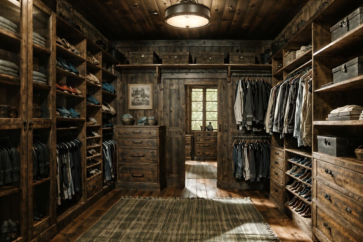 rustic-style (walk in closet interior) . with . . cinematic photo, highly detailed, cinematic lighting, ultra-detailed, ultrarealistic, photorealism, 8k. rustic interior design style. masterpiece, cinematic light, ultrarealistic+, photorealistic+, 8k, raw photo, realistic, sharp focus on eyes, (symmetrical eyes), (intact eyes), hyperrealistic, highest quality, best quality, , highly detailed, masterpiece, best quality, extremely detailed 8k wallpaper, masterpiece, best quality, ultra-detailed, best shadow, detailed background, detailed face, detailed eyes, high contrast, best illumination, detailed face, dulux, caustic, dynamic angle, detailed glow. dramatic lighting. highly detailed, insanely detailed hair, symmetrical, intricate details, professionally retouched, 8k high definition. strong bokeh. award winning photo.