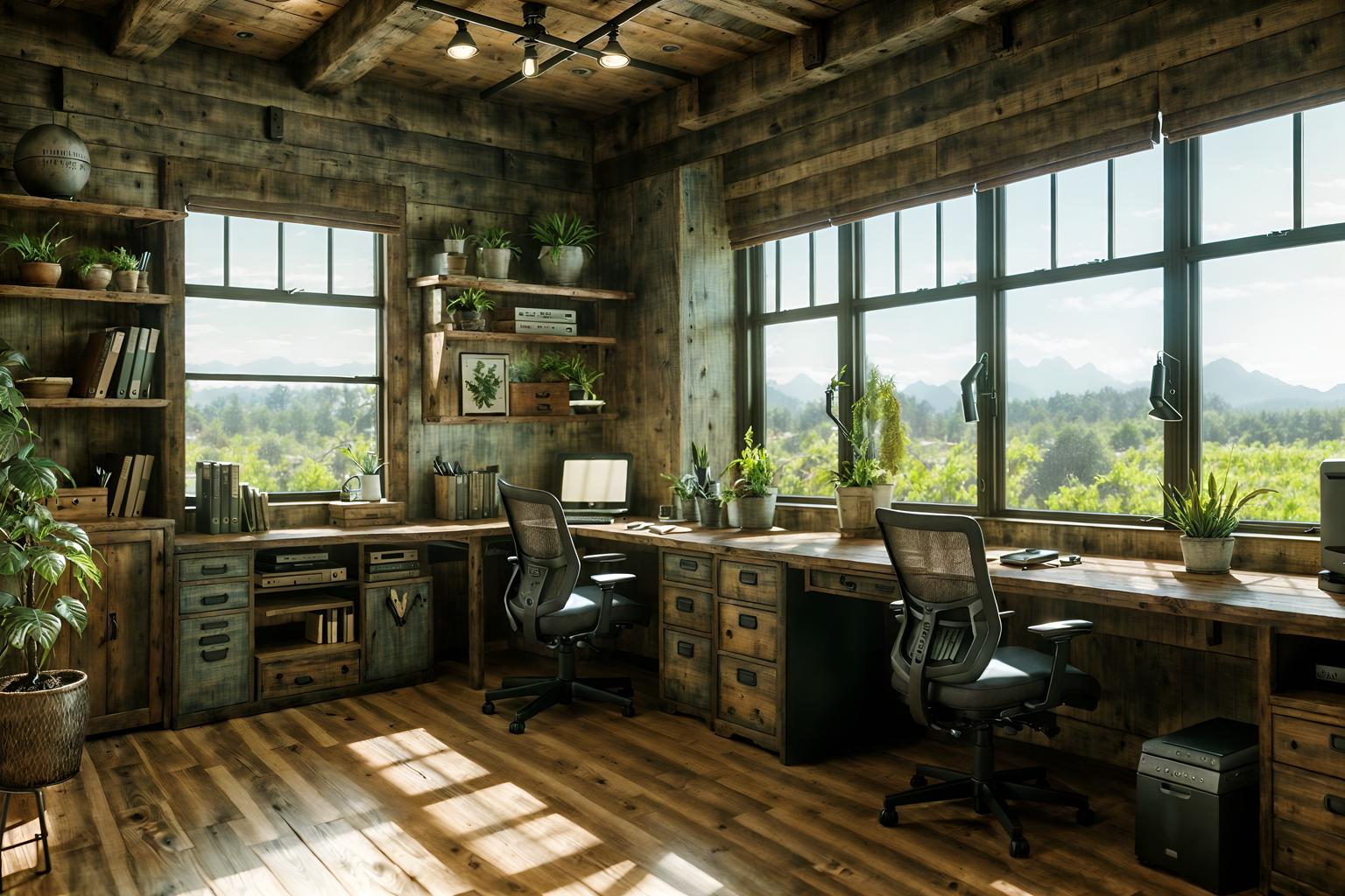 rustic-style (office interior) with cabinets and plants and windows and office desks and computer desks and office chairs and desk lamps and lounge chairs. . with . . cinematic photo, highly detailed, cinematic lighting, ultra-detailed, ultrarealistic, photorealism, 8k. rustic interior design style. masterpiece, cinematic light, ultrarealistic+, photorealistic+, 8k, raw photo, realistic, sharp focus on eyes, (symmetrical eyes), (intact eyes), hyperrealistic, highest quality, best quality, , highly detailed, masterpiece, best quality, extremely detailed 8k wallpaper, masterpiece, best quality, ultra-detailed, best shadow, detailed background, detailed face, detailed eyes, high contrast, best illumination, detailed face, dulux, caustic, dynamic angle, detailed glow. dramatic lighting. highly detailed, insanely detailed hair, symmetrical, intricate details, professionally retouched, 8k high definition. strong bokeh. award winning photo.