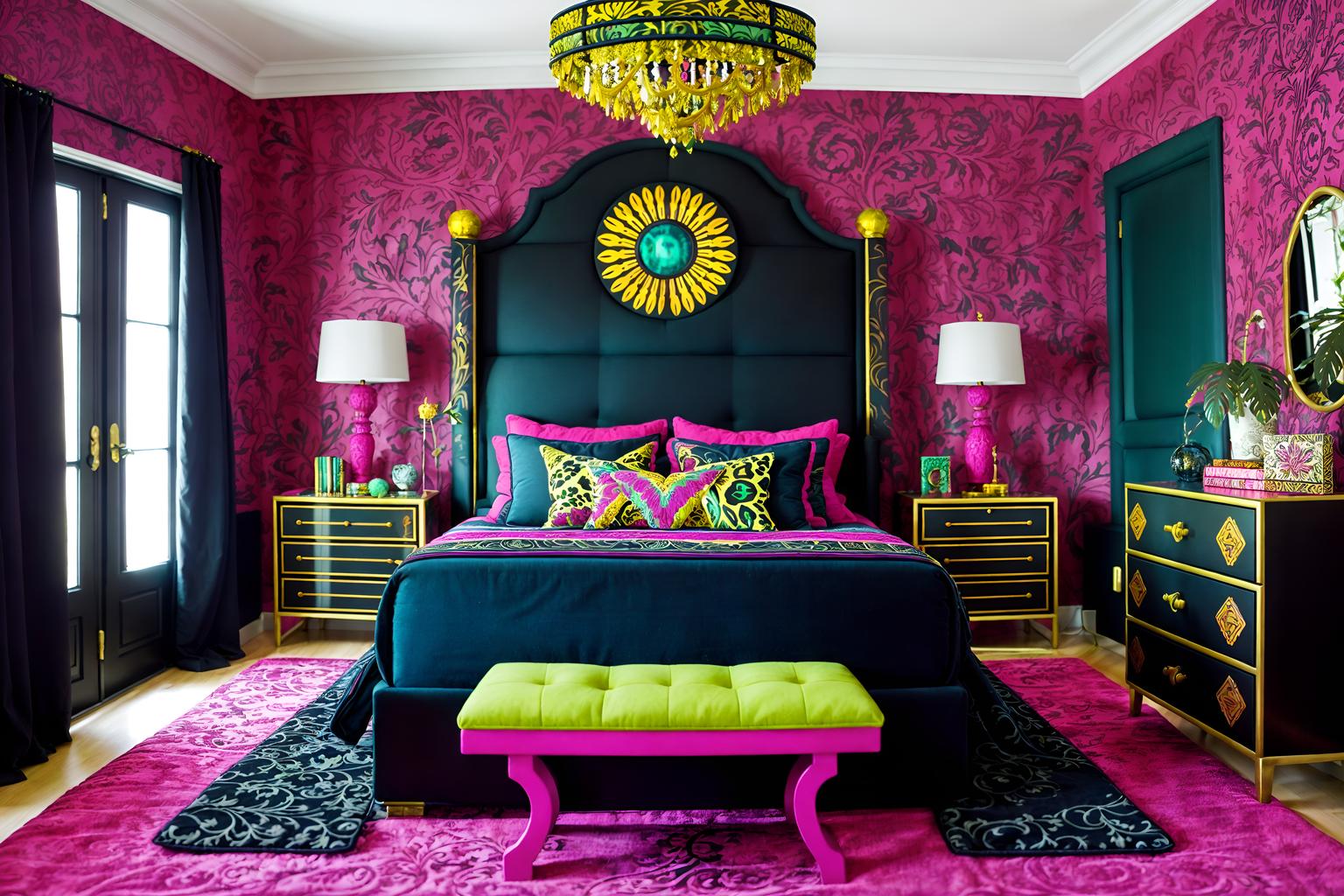 maximalist-style (bedroom interior) with plant and accent chair and storage bench or ottoman and night light and bedside table or night stand and bed and dresser closet and headboard. . with bold colors and eye-catching and vibrant and playful and bold design and more is more philosophy and over-the-top aesthetic and bold creativity. . cinematic photo, highly detailed, cinematic lighting, ultra-detailed, ultrarealistic, photorealism, 8k. maximalist interior design style. masterpiece, cinematic light, ultrarealistic+, photorealistic+, 8k, raw photo, realistic, sharp focus on eyes, (symmetrical eyes), (intact eyes), hyperrealistic, highest quality, best quality, , highly detailed, masterpiece, best quality, extremely detailed 8k wallpaper, masterpiece, best quality, ultra-detailed, best shadow, detailed background, detailed face, detailed eyes, high contrast, best illumination, detailed face, dulux, caustic, dynamic angle, detailed glow. dramatic lighting. highly detailed, insanely detailed hair, symmetrical, intricate details, professionally retouched, 8k high definition. strong bokeh. award winning photo.