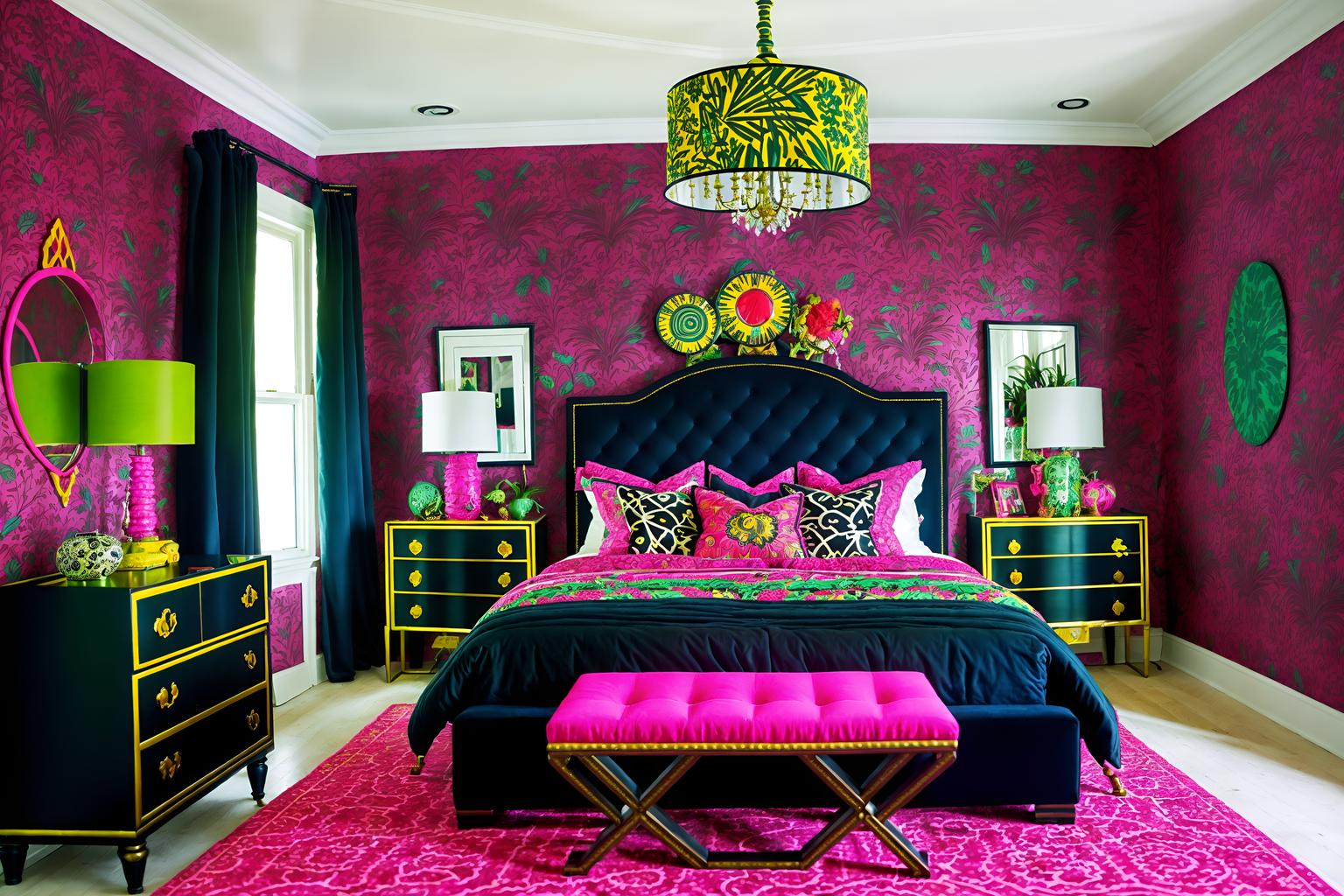 maximalist-style (bedroom interior) with plant and accent chair and storage bench or ottoman and night light and bedside table or night stand and bed and dresser closet and headboard. . with bold colors and eye-catching and vibrant and playful and bold design and more is more philosophy and over-the-top aesthetic and bold creativity. . cinematic photo, highly detailed, cinematic lighting, ultra-detailed, ultrarealistic, photorealism, 8k. maximalist interior design style. masterpiece, cinematic light, ultrarealistic+, photorealistic+, 8k, raw photo, realistic, sharp focus on eyes, (symmetrical eyes), (intact eyes), hyperrealistic, highest quality, best quality, , highly detailed, masterpiece, best quality, extremely detailed 8k wallpaper, masterpiece, best quality, ultra-detailed, best shadow, detailed background, detailed face, detailed eyes, high contrast, best illumination, detailed face, dulux, caustic, dynamic angle, detailed glow. dramatic lighting. highly detailed, insanely detailed hair, symmetrical, intricate details, professionally retouched, 8k high definition. strong bokeh. award winning photo.