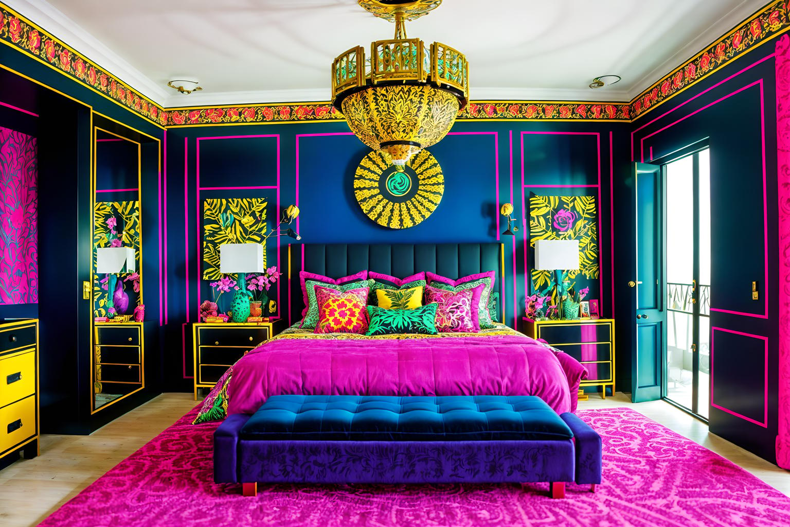 maximalist-style (bedroom interior) with plant and accent chair and storage bench or ottoman and night light and bedside table or night stand and bed and dresser closet and headboard. . with bold colors and eye-catching and vibrant and playful and bold design and more is more philosophy and over-the-top aesthetic and bold creativity. . cinematic photo, highly detailed, cinematic lighting, ultra-detailed, ultrarealistic, photorealism, 8k. maximalist interior design style. masterpiece, cinematic light, ultrarealistic+, photorealistic+, 8k, raw photo, realistic, sharp focus on eyes, (symmetrical eyes), (intact eyes), hyperrealistic, highest quality, best quality, , highly detailed, masterpiece, best quality, extremely detailed 8k wallpaper, masterpiece, best quality, ultra-detailed, best shadow, detailed background, detailed face, detailed eyes, high contrast, best illumination, detailed face, dulux, caustic, dynamic angle, detailed glow. dramatic lighting. highly detailed, insanely detailed hair, symmetrical, intricate details, professionally retouched, 8k high definition. strong bokeh. award winning photo.