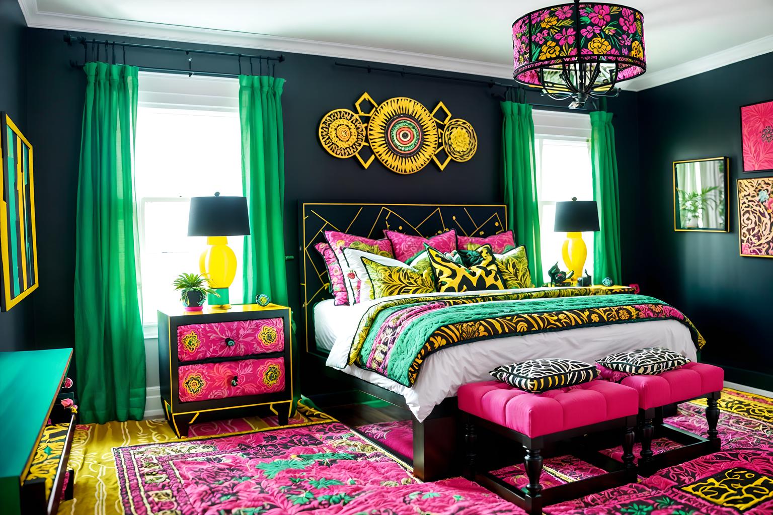 maximalist-style (bedroom interior) with plant and accent chair and storage bench or ottoman and night light and bedside table or night stand and bed and dresser closet and headboard. . with bold colors and eye-catching and vibrant and playful and bold design and more is more philosophy and over-the-top aesthetic and bold creativity. . cinematic photo, highly detailed, cinematic lighting, ultra-detailed, ultrarealistic, photorealism, 8k. maximalist interior design style. masterpiece, cinematic light, ultrarealistic+, photorealistic+, 8k, raw photo, realistic, sharp focus on eyes, (symmetrical eyes), (intact eyes), hyperrealistic, highest quality, best quality, , highly detailed, masterpiece, best quality, extremely detailed 8k wallpaper, masterpiece, best quality, ultra-detailed, best shadow, detailed background, detailed face, detailed eyes, high contrast, best illumination, detailed face, dulux, caustic, dynamic angle, detailed glow. dramatic lighting. highly detailed, insanely detailed hair, symmetrical, intricate details, professionally retouched, 8k high definition. strong bokeh. award winning photo.