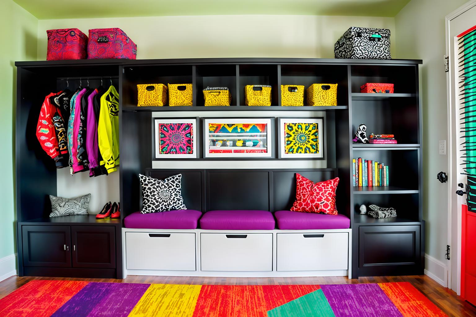 maximalist-style (drop zone interior) with cubbies and storage drawers and wall hooks for coats and shelves for shoes and storage baskets and a bench and high up storage and lockers. . with playful and over-the-top aesthetic and bold patterns and bold colors and bold design and vibrant and bold creativity and eye-catching. . cinematic photo, highly detailed, cinematic lighting, ultra-detailed, ultrarealistic, photorealism, 8k. maximalist interior design style. masterpiece, cinematic light, ultrarealistic+, photorealistic+, 8k, raw photo, realistic, sharp focus on eyes, (symmetrical eyes), (intact eyes), hyperrealistic, highest quality, best quality, , highly detailed, masterpiece, best quality, extremely detailed 8k wallpaper, masterpiece, best quality, ultra-detailed, best shadow, detailed background, detailed face, detailed eyes, high contrast, best illumination, detailed face, dulux, caustic, dynamic angle, detailed glow. dramatic lighting. highly detailed, insanely detailed hair, symmetrical, intricate details, professionally retouched, 8k high definition. strong bokeh. award winning photo.