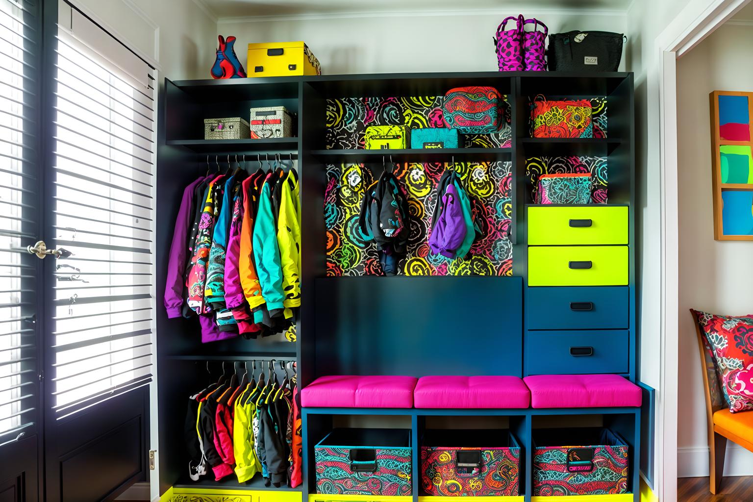 maximalist-style (drop zone interior) with cubbies and storage drawers and wall hooks for coats and shelves for shoes and storage baskets and a bench and high up storage and lockers. . with playful and over-the-top aesthetic and bold patterns and bold colors and bold design and vibrant and bold creativity and eye-catching. . cinematic photo, highly detailed, cinematic lighting, ultra-detailed, ultrarealistic, photorealism, 8k. maximalist interior design style. masterpiece, cinematic light, ultrarealistic+, photorealistic+, 8k, raw photo, realistic, sharp focus on eyes, (symmetrical eyes), (intact eyes), hyperrealistic, highest quality, best quality, , highly detailed, masterpiece, best quality, extremely detailed 8k wallpaper, masterpiece, best quality, ultra-detailed, best shadow, detailed background, detailed face, detailed eyes, high contrast, best illumination, detailed face, dulux, caustic, dynamic angle, detailed glow. dramatic lighting. highly detailed, insanely detailed hair, symmetrical, intricate details, professionally retouched, 8k high definition. strong bokeh. award winning photo.