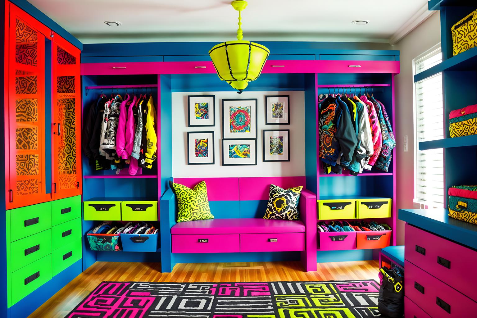 maximalist-style (drop zone interior) with cubbies and storage drawers and wall hooks for coats and shelves for shoes and storage baskets and a bench and high up storage and lockers. . with playful and over-the-top aesthetic and bold patterns and bold colors and bold design and vibrant and bold creativity and eye-catching. . cinematic photo, highly detailed, cinematic lighting, ultra-detailed, ultrarealistic, photorealism, 8k. maximalist interior design style. masterpiece, cinematic light, ultrarealistic+, photorealistic+, 8k, raw photo, realistic, sharp focus on eyes, (symmetrical eyes), (intact eyes), hyperrealistic, highest quality, best quality, , highly detailed, masterpiece, best quality, extremely detailed 8k wallpaper, masterpiece, best quality, ultra-detailed, best shadow, detailed background, detailed face, detailed eyes, high contrast, best illumination, detailed face, dulux, caustic, dynamic angle, detailed glow. dramatic lighting. highly detailed, insanely detailed hair, symmetrical, intricate details, professionally retouched, 8k high definition. strong bokeh. award winning photo.